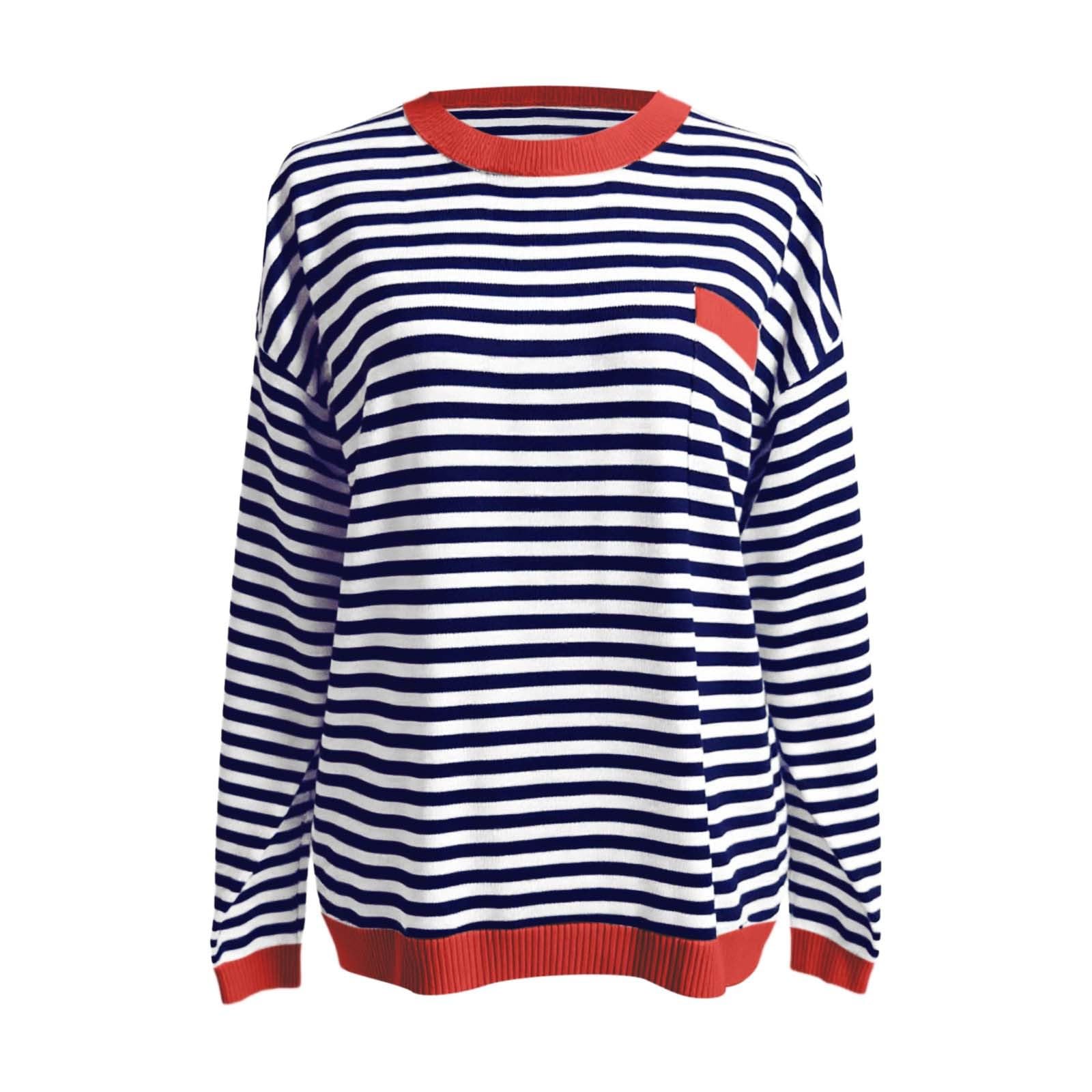T-shirt à manches longues pour femme de style marin - Haut rayé avec détails contrastés - T-shirt décontracté pour un look intemporel