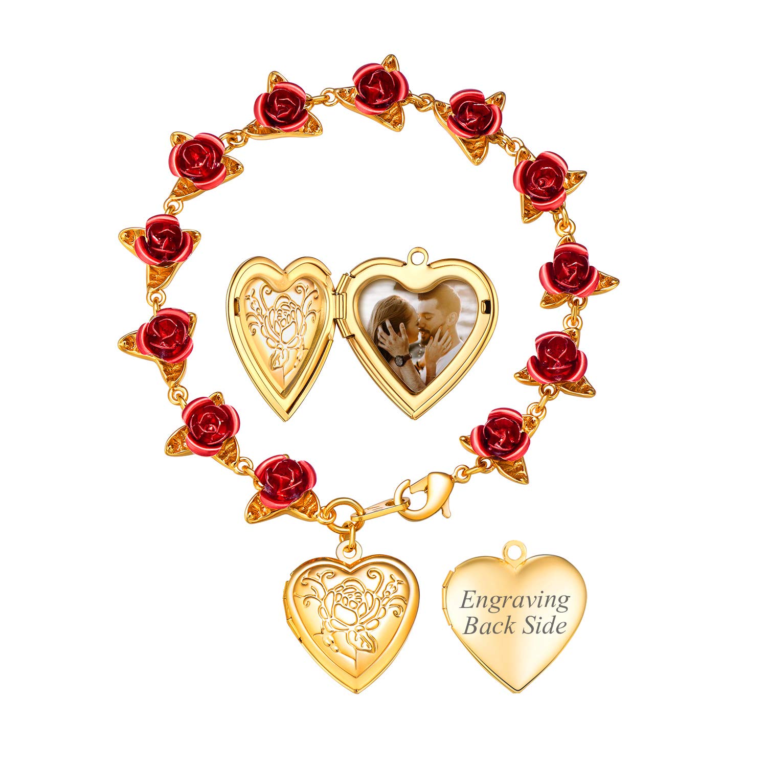 U7 Red Rose Link Bracelets for Women Girls 18K Gold Custom Text Photo Bracelet Romantic Rose Jewelry for Mom Wife