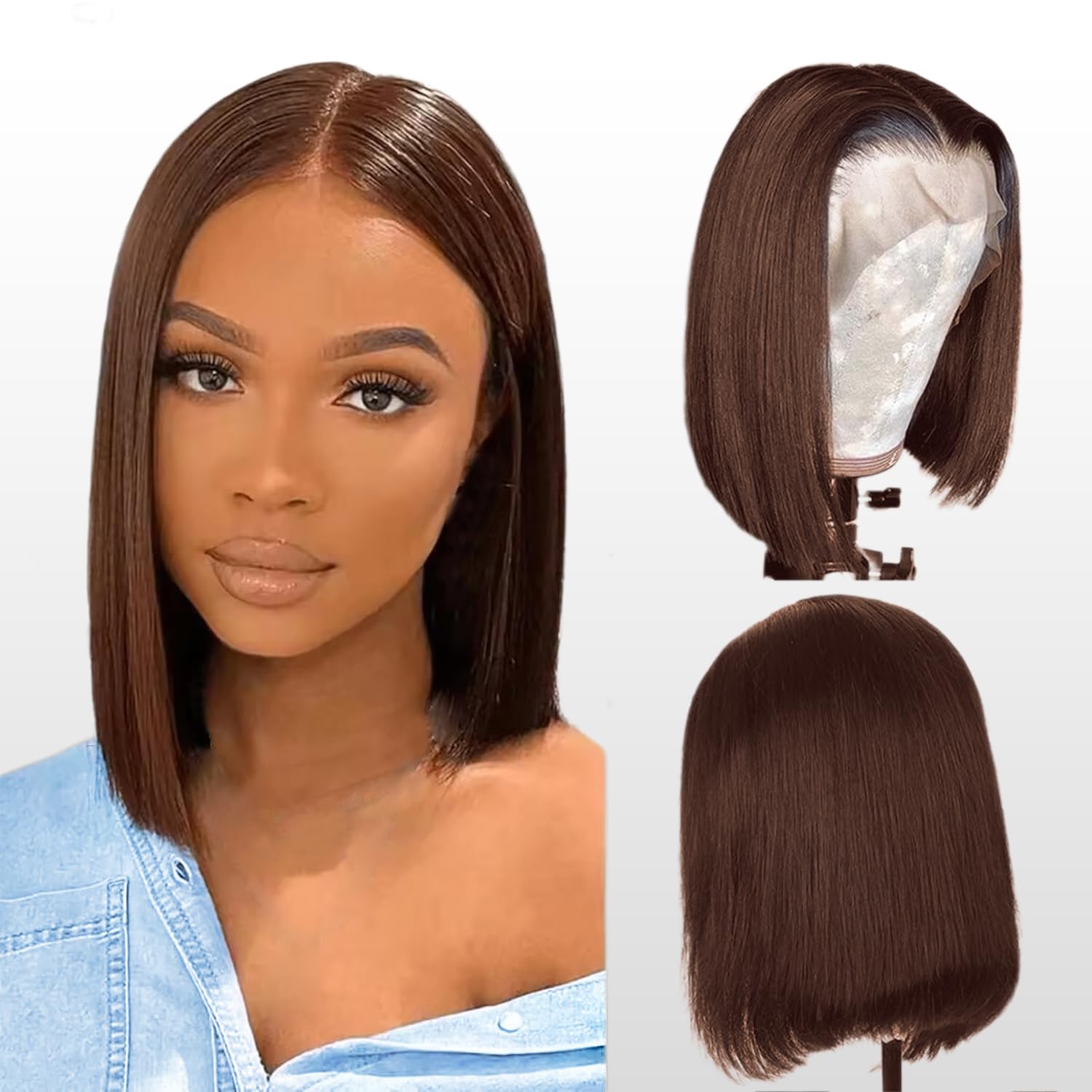 Lace Front Bob Wig Human Hair 13X4 Brazilian Virgin Wig Human Hair 150% Density Short Straight Bob Wigs Natural HD Transparent Chocolate Brown Color 8 Inch