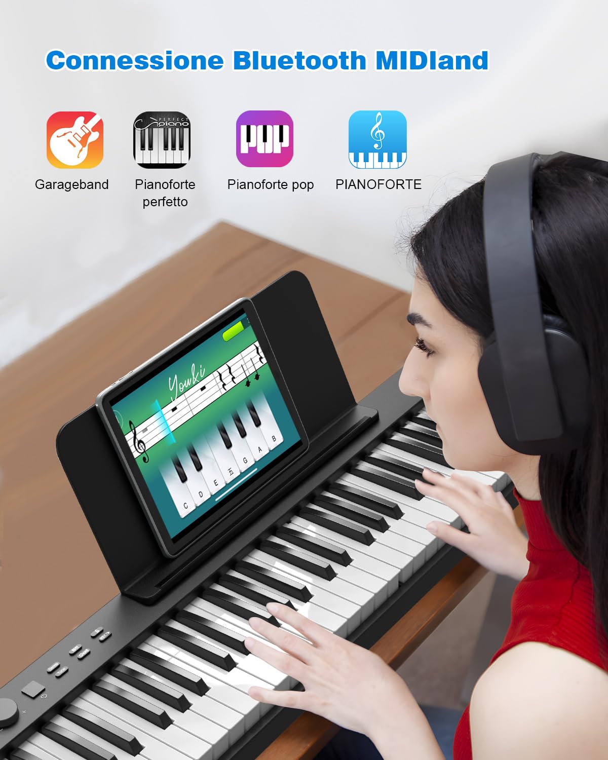 Pianoforte digitale pieghevole a 88 tasti, tastiera semiponderata di dimensioni originali, Bluetooth MIDI, pianoforte elettrico portatile con pedale di sostegno, leggio e borsa per il trasporto