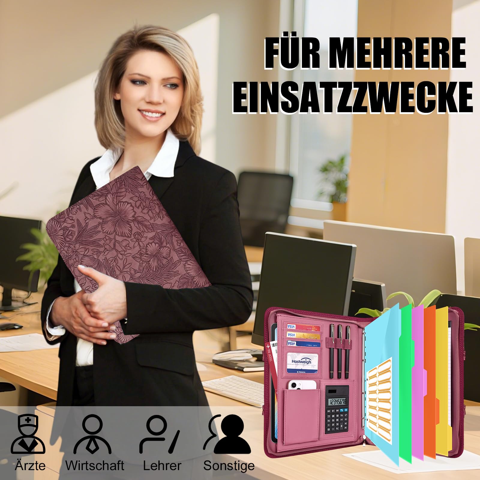 Leathario Schreibmappe A4 mit 5er Register DIN A4，Konferenzmappe mit 4 Ringbuch，Dokumentenmappe mit Reißverschluss，Griff，Klemmbrett,Ordner für Meeting, Business,Mappe für Schule, Uni