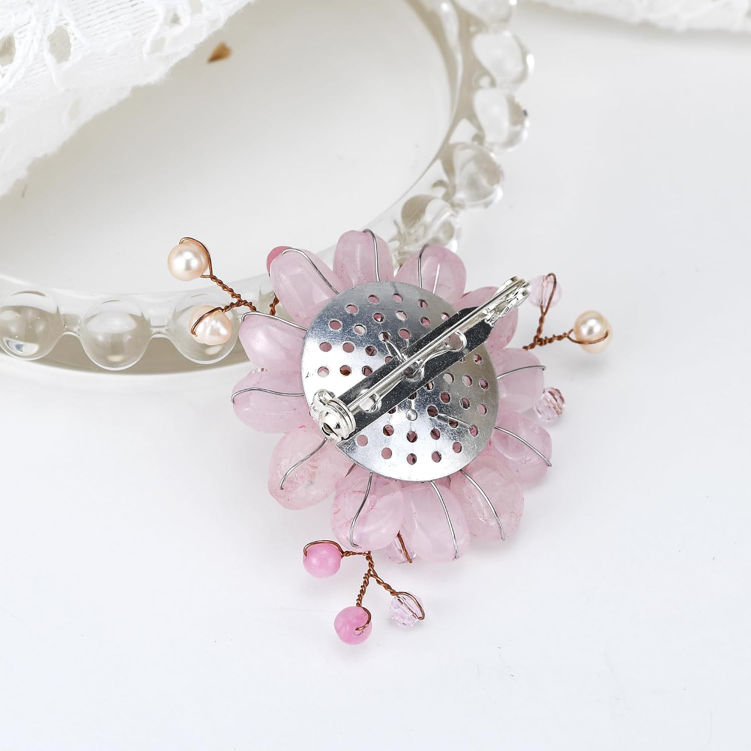 AeraVida Vibrant Pink Simulated Quartz and Freshwater Pearl Lotus Flower Brooch Pin | Handcrafted Floral-Inspired Jewelry Accessory | Stylish Nature-Inspired Statement Pin | Artisan Design image 3