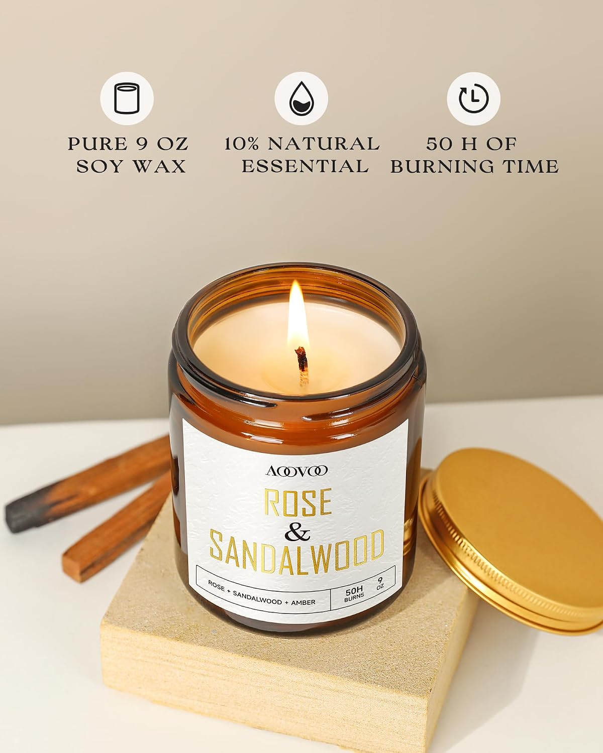 AOOVOO Rose Sandalwood Candle - Sandalwood Candle, Scented Candles, Soy Candles, Aromatherapy Candle, Soy Wax Candle, Candle for Home Scented, 9oz image 3