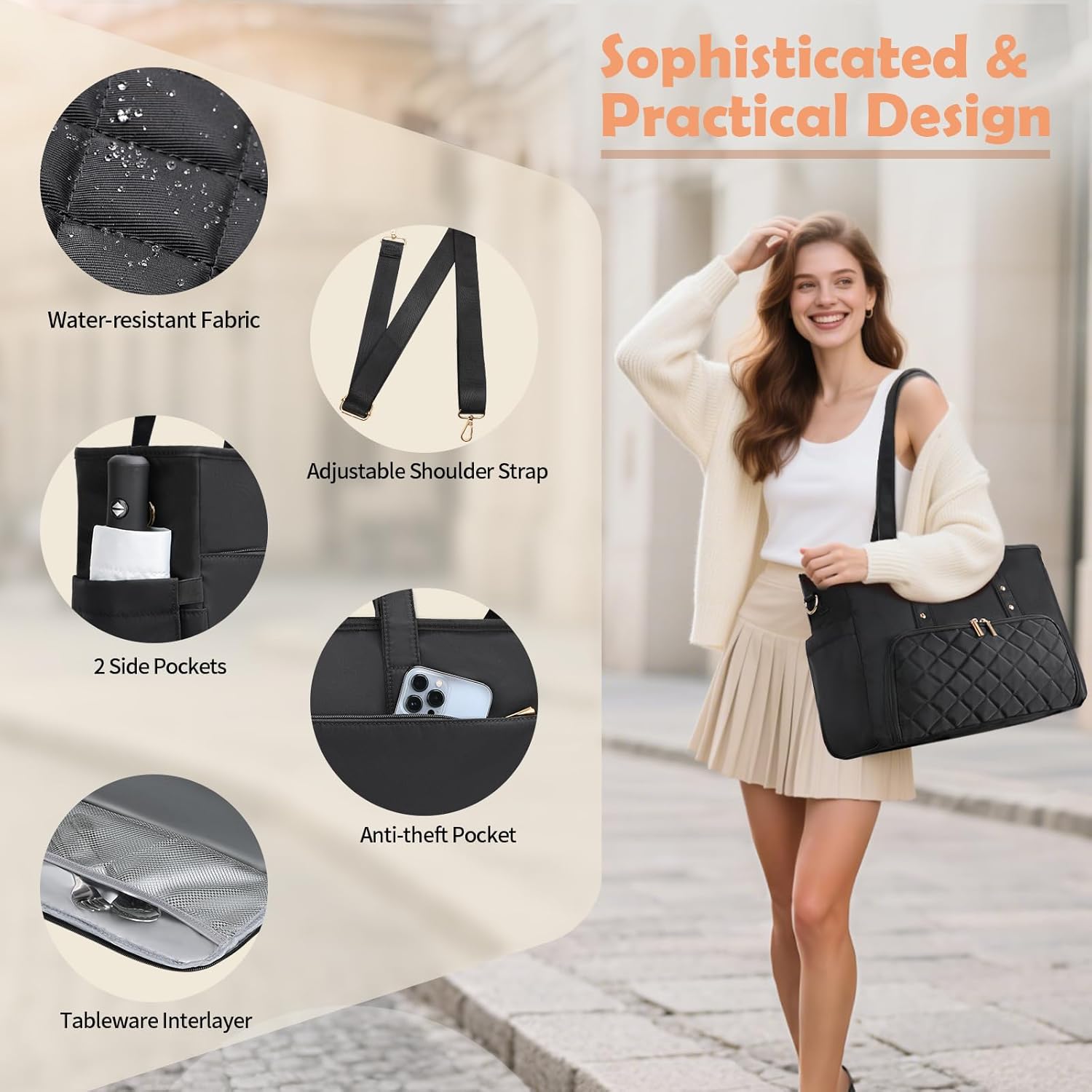 Jetviivid Lunch Tote Bag for Women, 15.6 Inch Laptop Bag with Insulated Lunch Compartment & Cup Holder for Work, Office,Teacher,College, Daily, Black