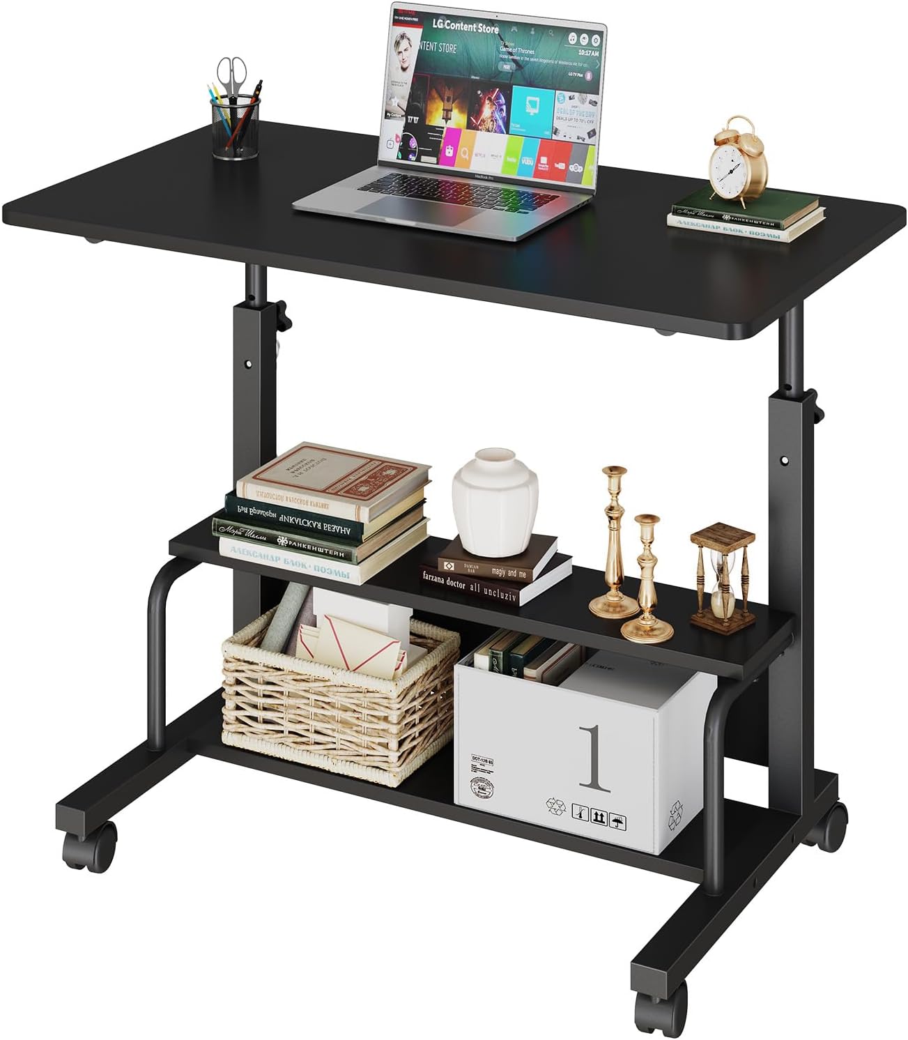 DUMOS 31.5" Manual Standing Desk, Height Adjustable Mobile Computer Desk with Lockable Wheels & 2-Tier Storage, Rolling Laptop Table for Small Spaces & Home Office, Black