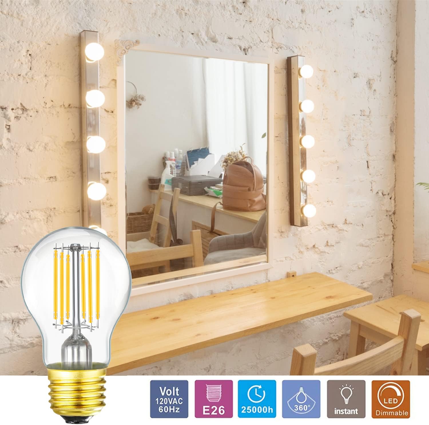 LEOOLS Dimmable E26 Edison Bulb A15 Light Bulb 8W Equal 100 watt Light Bulb AC120V 850LM Soft White 3000k E26 Light Bulb for Pendant,Chandeliers,Vanity,Wall sconces Edison Light Bulbs,6Pack.