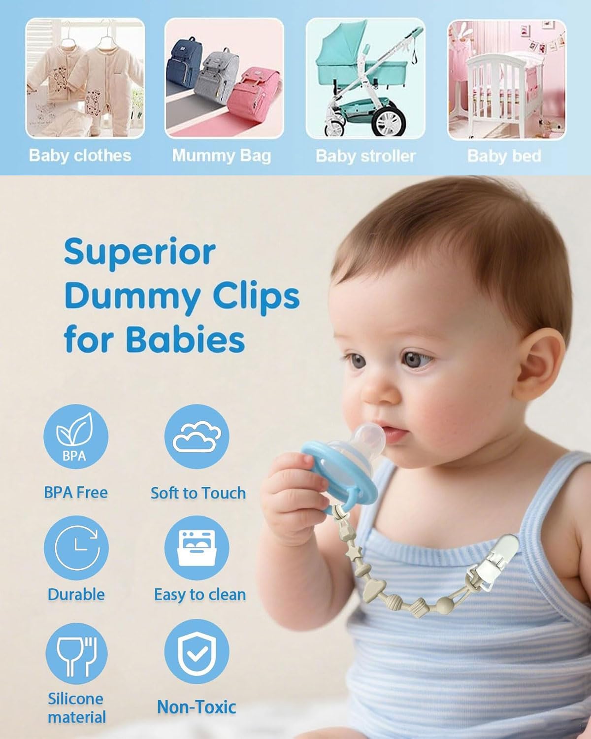 5 Piezas Paquete de Clips para Chupetes de Silicona, Sujetachupetes con Diseño de Una Pieza para Bebés Niños y Niñas, Juguetes Mordedores para la Dentición — view 4
