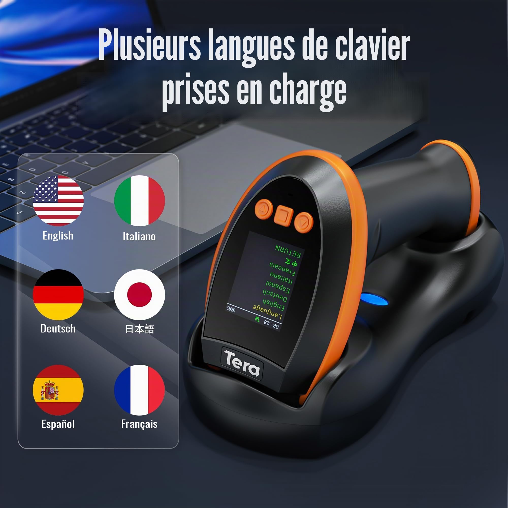 Tera Scanner de codes-barres avec écran de réglage numérique et clavier, version Pro, vitesse de numérisation extra rapide, fonctionne avec Bluetooth 2,4 G sans fil et USB filaire 1D 2D QR lecteur de