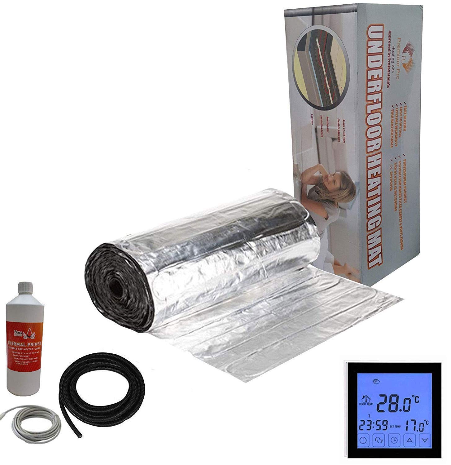 Nassboards Black Touch Thermostat Premium Pro Elite - Electric Underfloor Pro Elite Foil Heating Kit 150W - 4M²