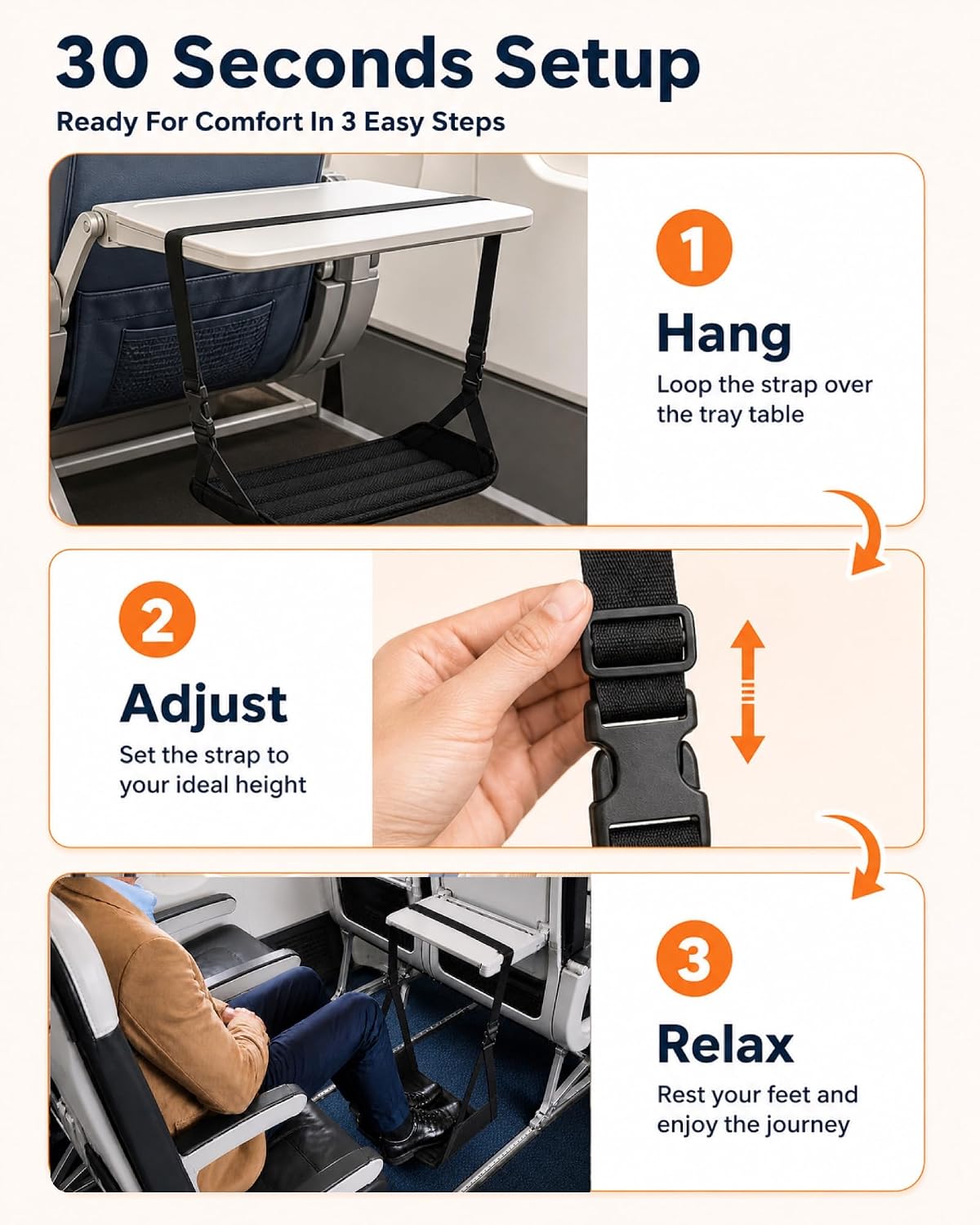 Travel Footrest Hammock for Airplane, 2-in-1 Foot Hammock with Bamboo Support Pad, Adjustable Portable Foot Rest for Long Flights, Travel Essentials Gift for Frequent Flyers image 5