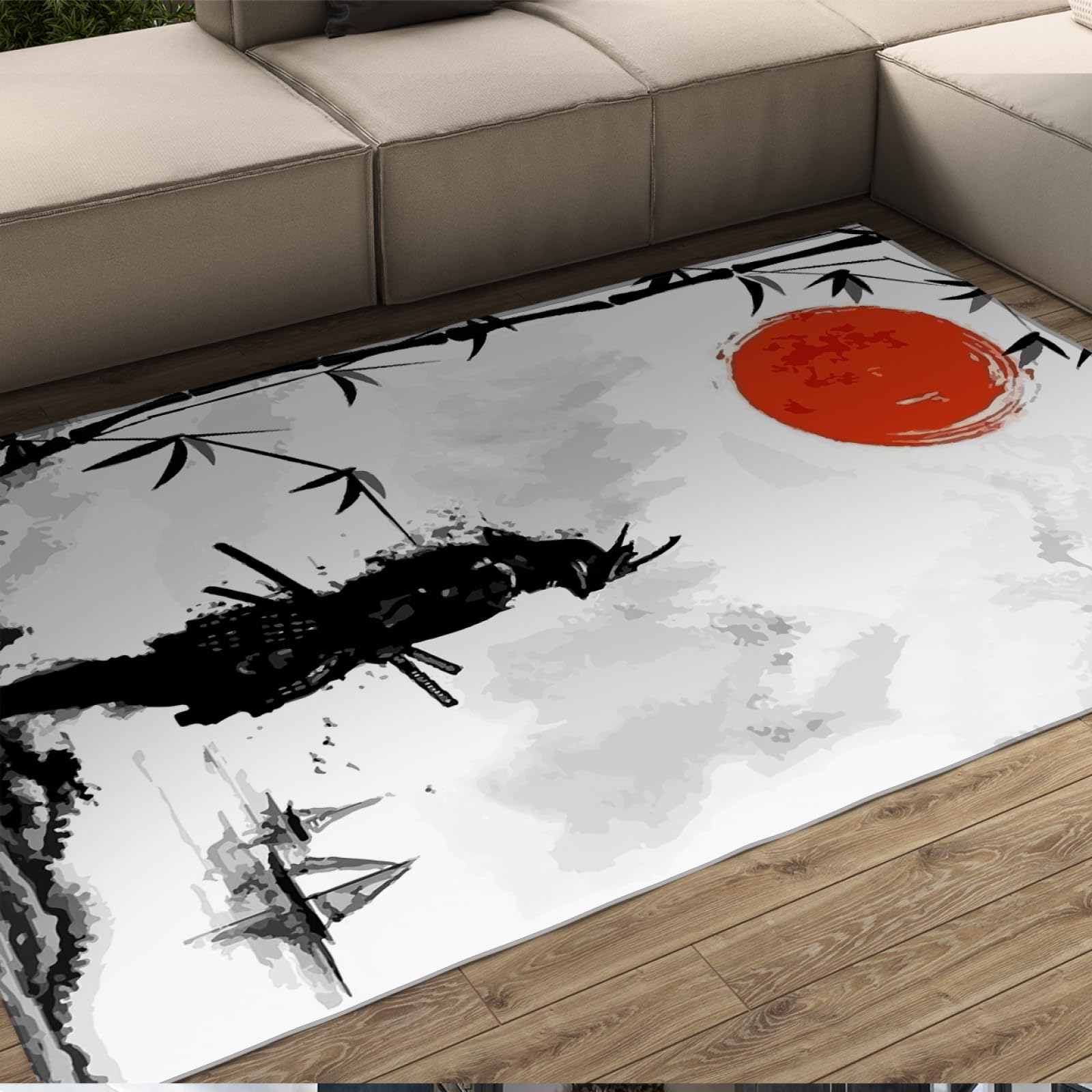 Via Vela Alfombra de área Blanca Negra Alfombra de Entrada de Sol Rojo de Estilo japonés Felpudo Alfombra de Pelo bajo Lavable Antideslizante para Cocina de Entrada Principal Interior 90x180 cm