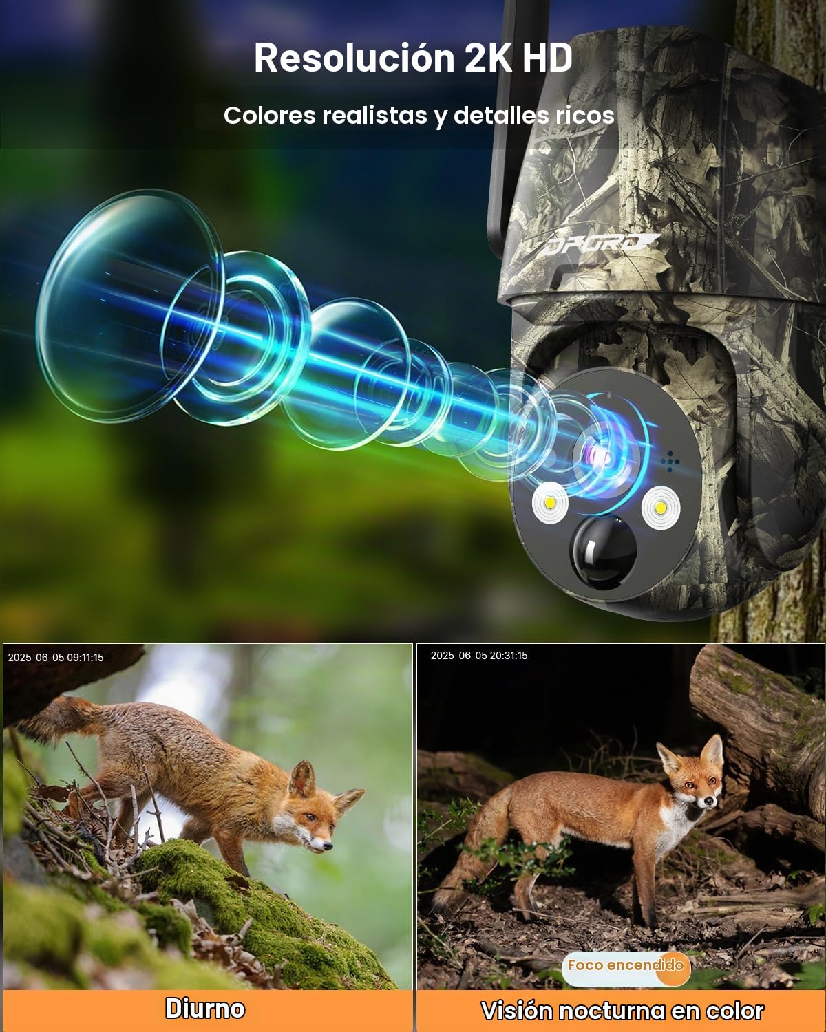 Cámara de Vigilancia Solar 4G LTE Exterior, Sin WiFi, con Tarjeta SIM, 2K PTZ 360°, Batería 10400mAh, PIR, Visión Nocturna Color, Audio Bidireccional, IP66, Pack 2