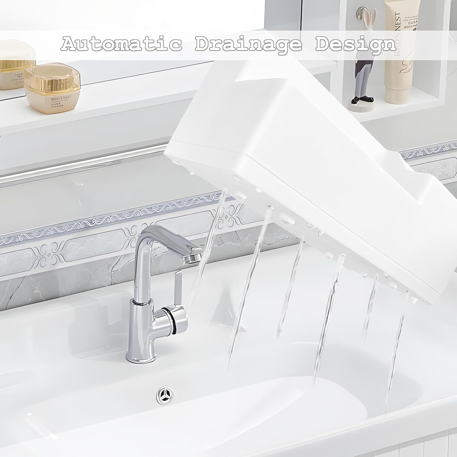 Multi Use Bathroom Toothbrush Holder, Bathroom Accessory Storage for Toothpaste- Electric Toothbrush- Razor and Other Items, Cosmetic Organizer, 5 Compartments, Resin in Soft Touch White