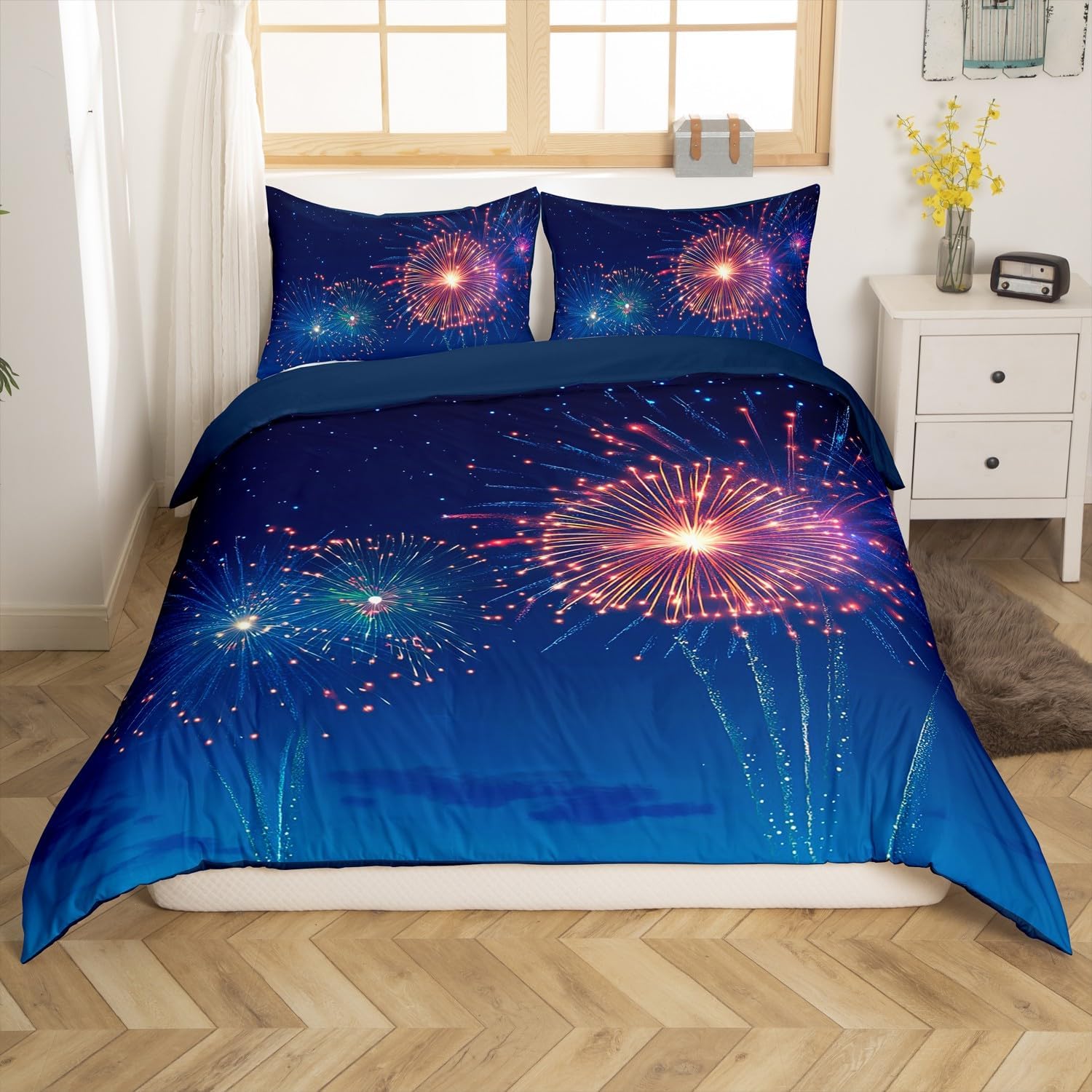 Erosebridal Firework Bedding Set Toddler for Kids,Watercolor Fireworks Duvet Cover for Boys Girls,Oil Painting Night Sky Bed Set,Happy Holiday Quilt Cover,with 1 Pillowcase Cozy