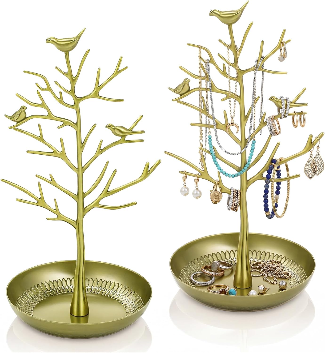 RattanView 2 Pcs Bird Tree Jewelry Stand Antique Cyan Zinc Alloy Necklace Holder Earring Bracelet Organizer Rack for Rings Watches Vanity Dresser Christmas Gift Jewelry Display Tower Countertop Decor