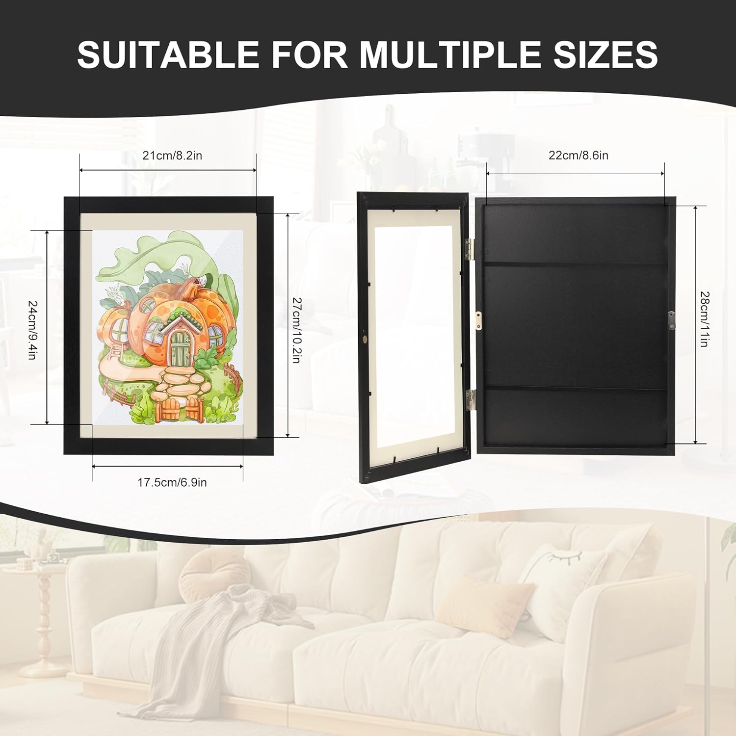 Changeable Kids Art Display Frames 8.5x11 Wall Gallery - 4 Pack Front Loading Storage for Classroom, Daycare & Home |Holds 50 Artworks Each | No Nail Needed (Black)