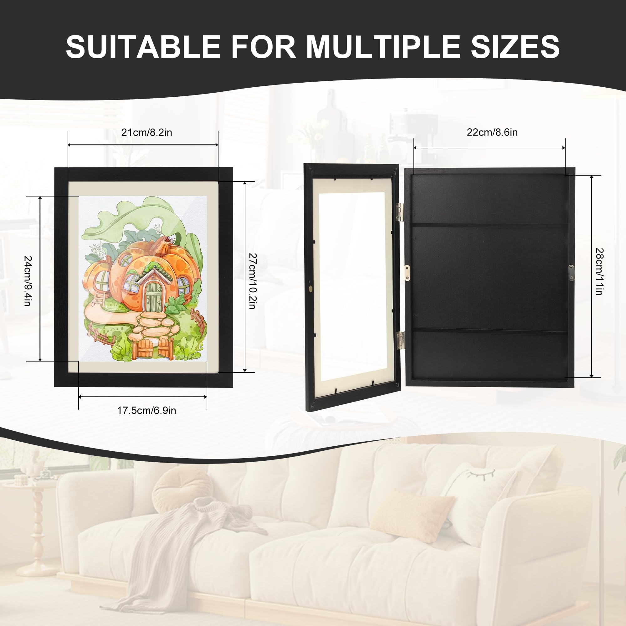 XINQUILIFY Changeable Kids Art Display Frames 8.5x11 Wall Gallery - 4 Pack Front Loading Storage for Classroom, Daycare & Home |Holds 50 Artworks Each | No Nail Needed (Black)