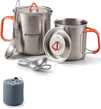 Odoland Titanium Camping Cookware 420ML & 750ML Titanium Pot with Lid and Spork Lightweight Camping Pot for Backpacking Hiking Traveling and Picnic