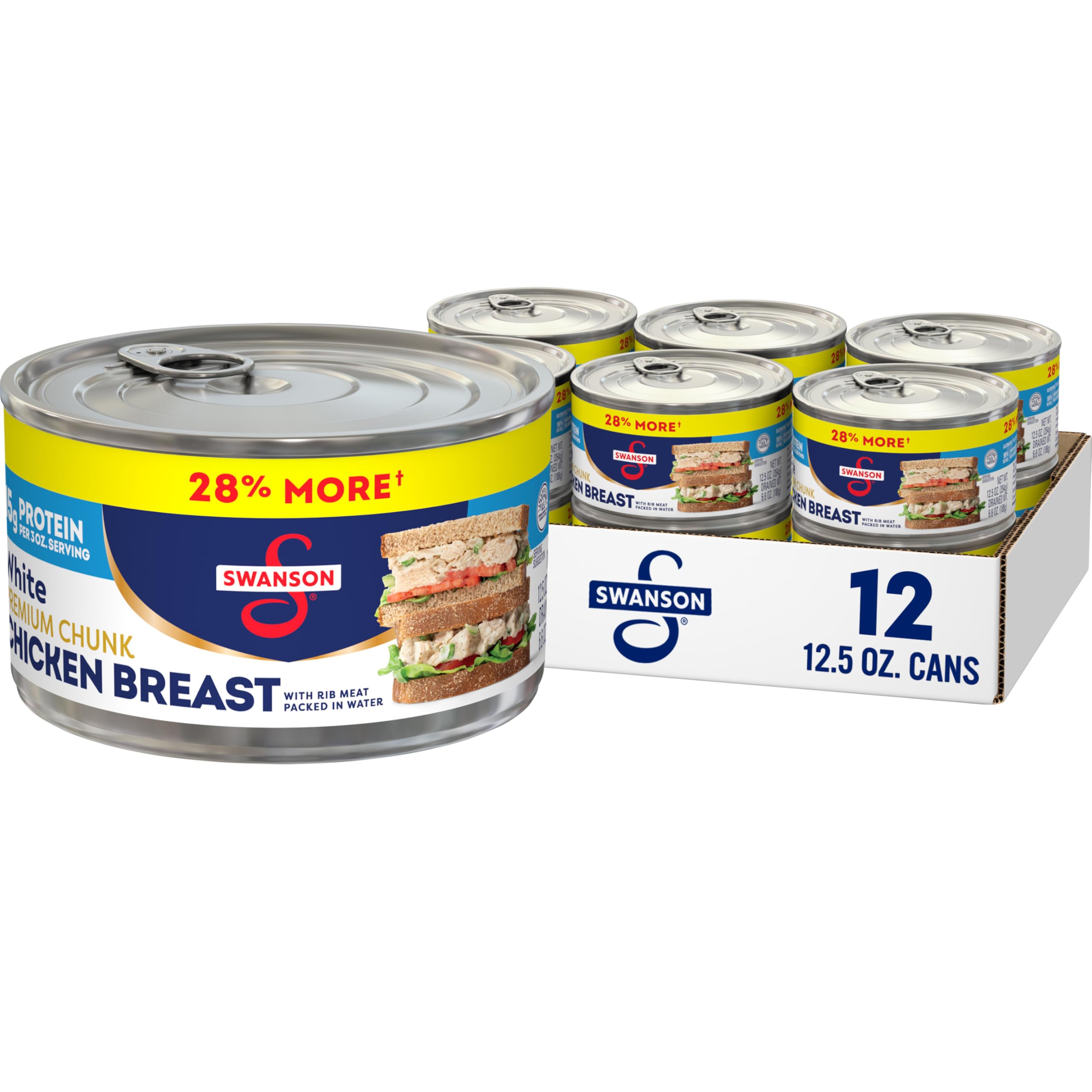 Swanson White Premium Chunk Canned Chicken Breast in Water, 12.5 OZ Can (Case of 12) White Premium Chunk Chicken Breast 12.5 Ounce (Pack of 12)