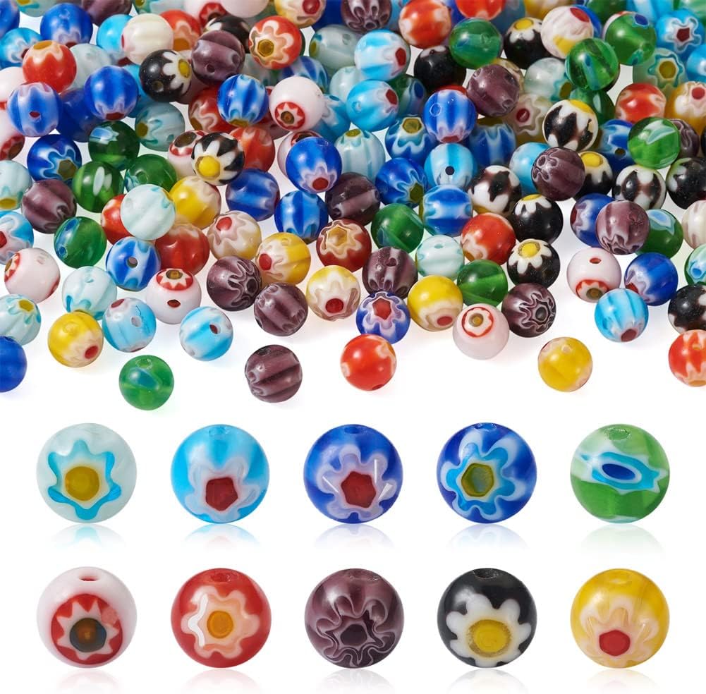 200pcs Millefiori Glass Beads 6mm Flower Pattern Lampwork Spacer Beads DIY Bracelet Jewelry Craft Making Hole1mm