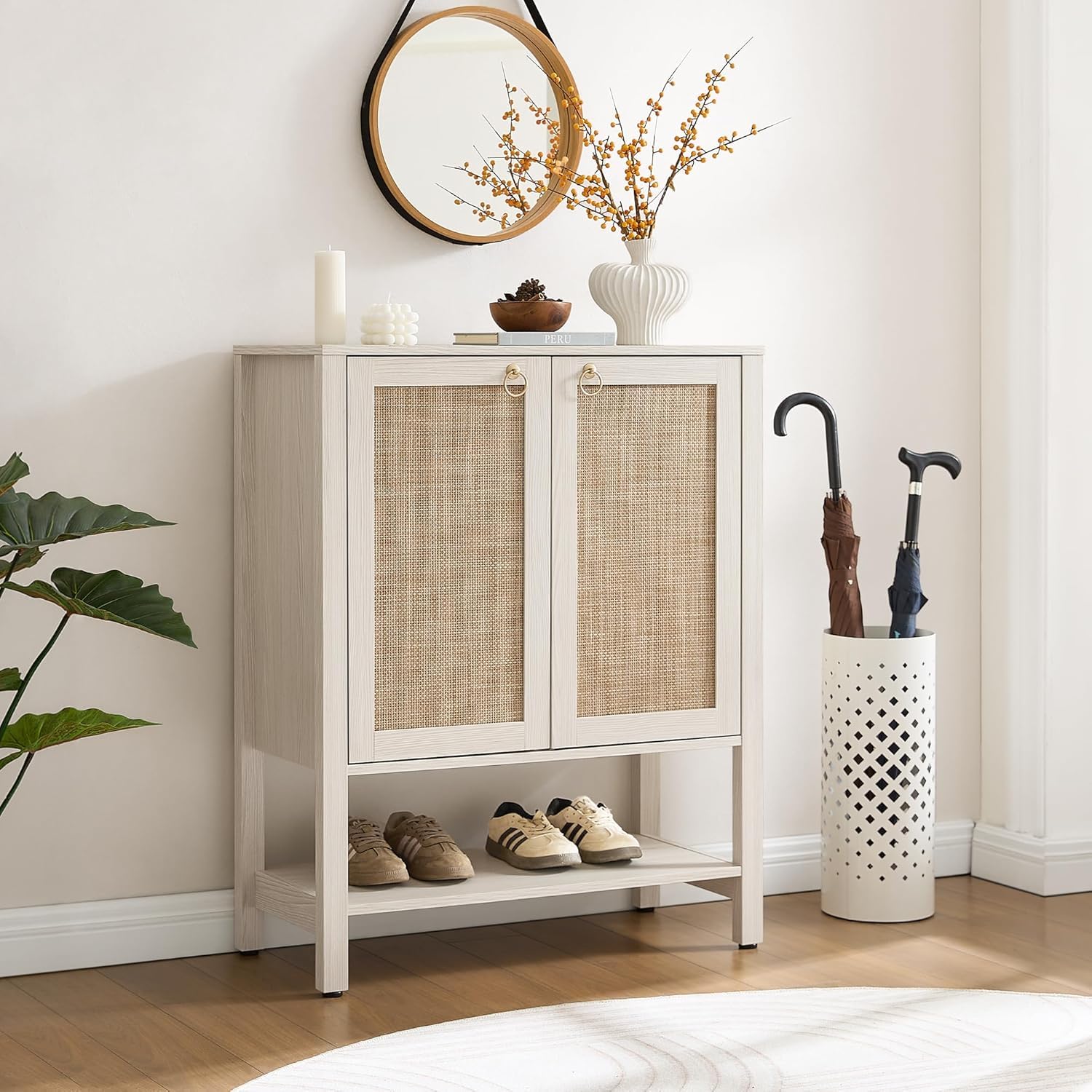 SICOTAS Rattan Shoe Cabinet with Storage, 5 Tier, White Cream Oak