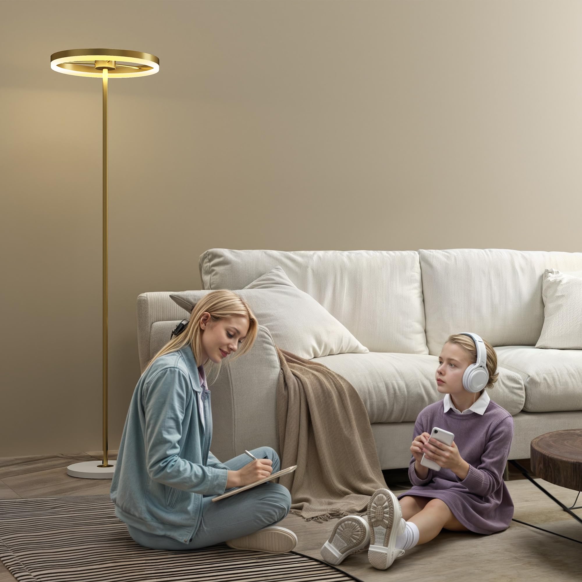 HOMCOM Lampada da Terra Moderna Luce LED Dimmerabile 3 Luminosità Oro | Lampada a Piantana, Paralume in Acrilico, Interruttore a Pedale, per Camera da Letto e Soggiorno
