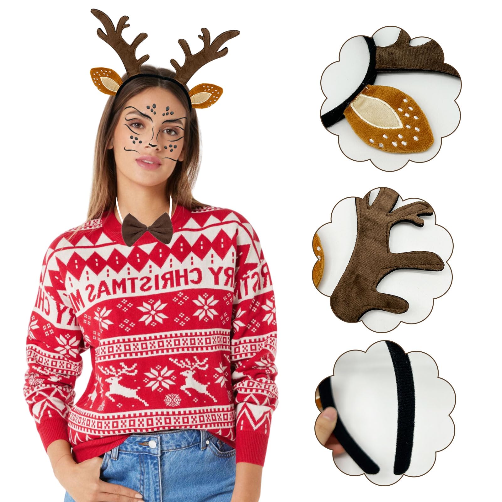 EUPSIIU Reindeer Headband, Deer Face Tattoo, Antler Headband, Reindeer tail, Reindeer Bow Tie, Women's Costume, Halloween, Carnival, Christmas, Elves Party for Christmas Favours (Brown) - Image 3