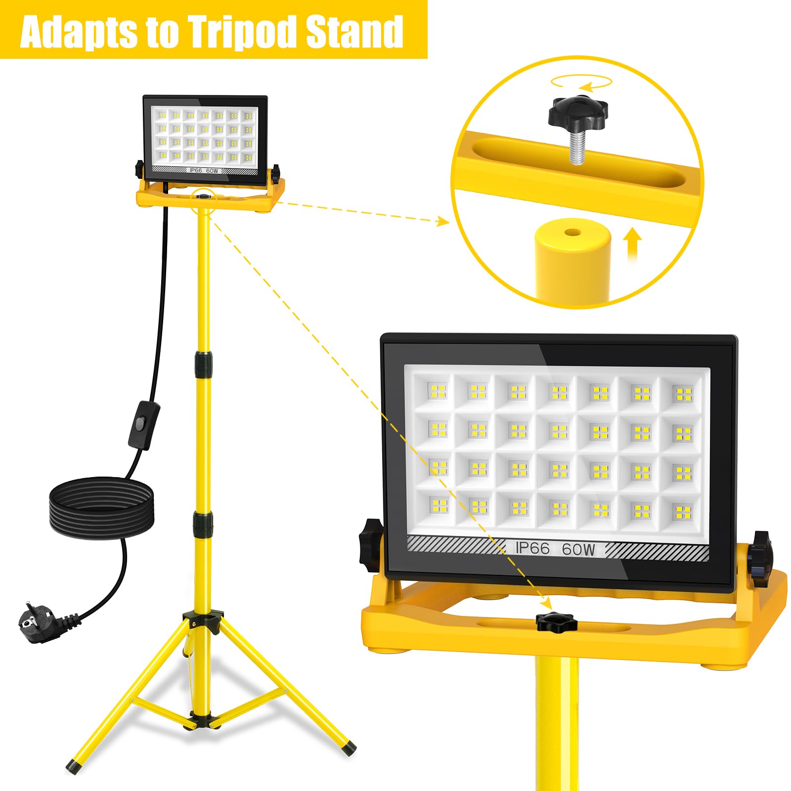 T-SUN Projecteur LED Chantier 60W 6000K, Lampe de Chantier Puissante, Étanche IP66, Portable, 3 Modes, Avec Prise et Câble de 4M Pour Construction, Garage, Atelier