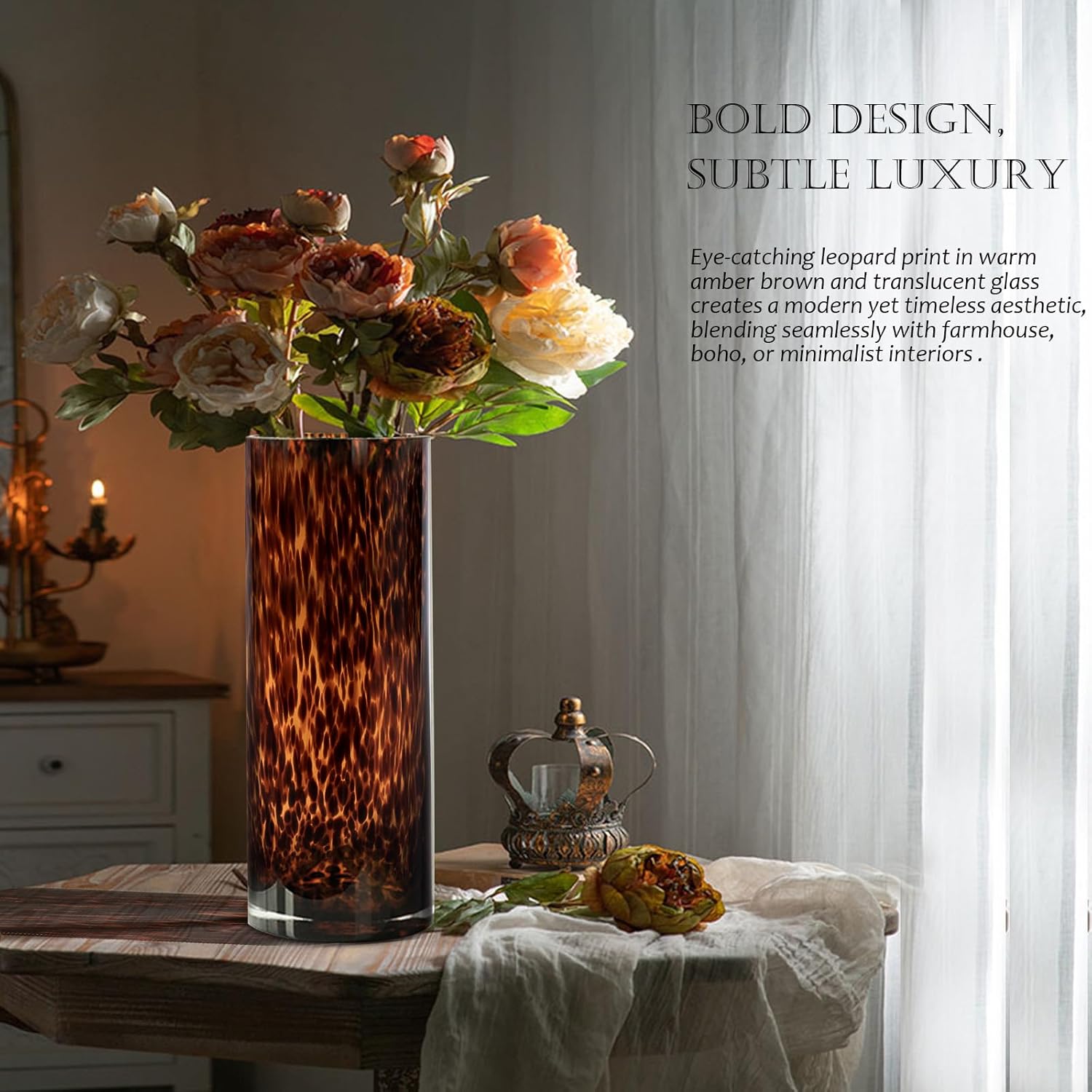 11.8" High Luxe Leopard Glass Vase — Unique Modern Amber Brown Centerpiece for Home Decor, Everyday Elegance Vase