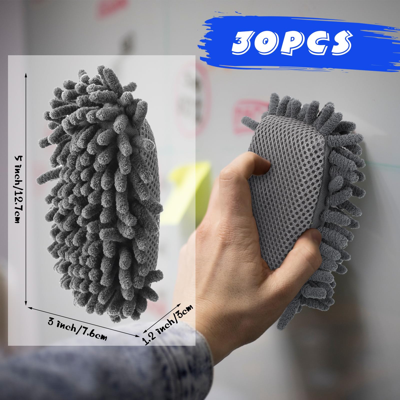 Sherr 30 Pcs Microfiber Shag Dry Erasers Bulk Magnetic Whiteboard Eraser Washable Colorful Chalk Board Eraser Markers Chalk Home School Classroom Office Supplies(Gray)