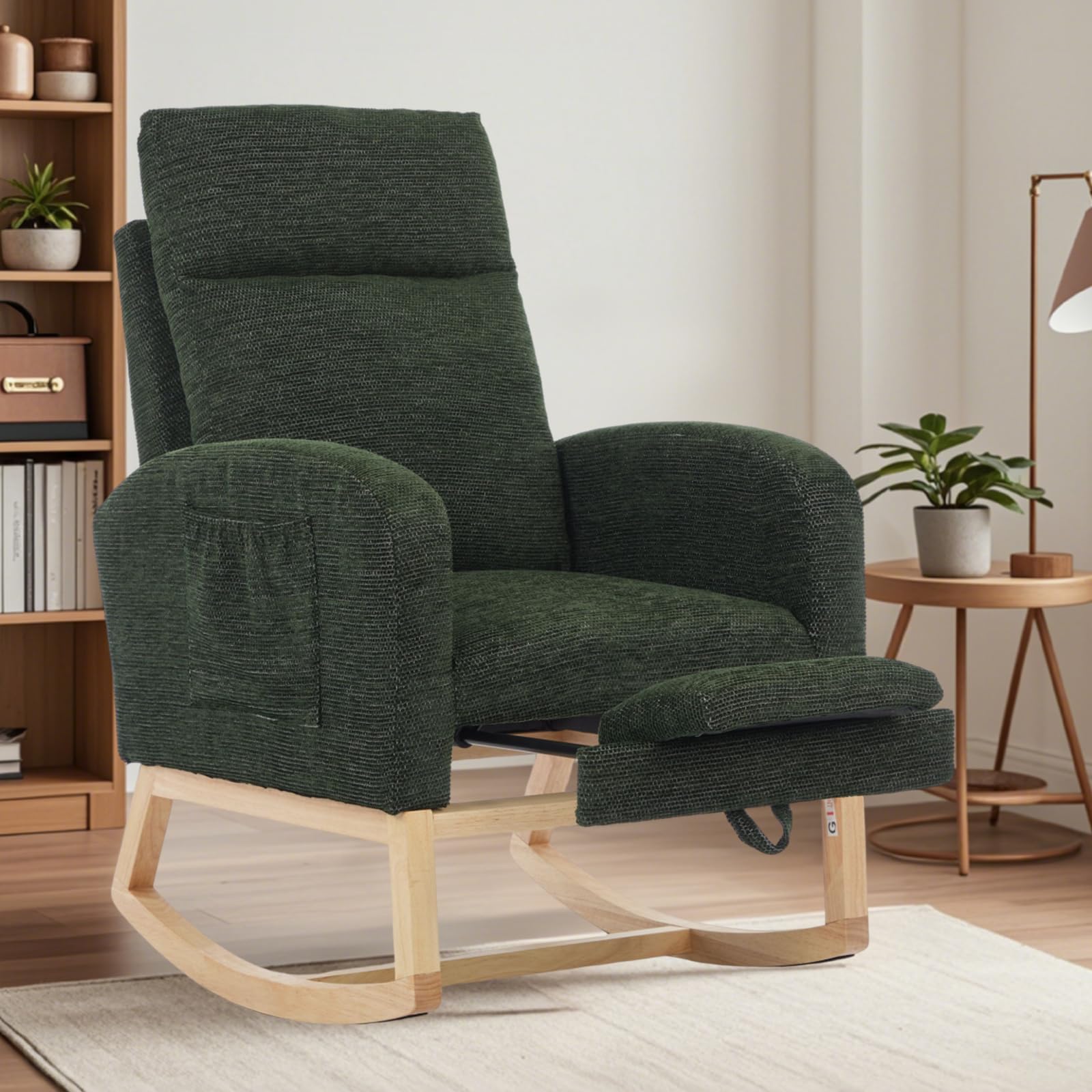 Nursery Rocking Chair with Adjustable Footrest for Living Room - Teddy Fabric, Solid Wooden Legs, Comfortable Lounge Armchair with High Backrest and