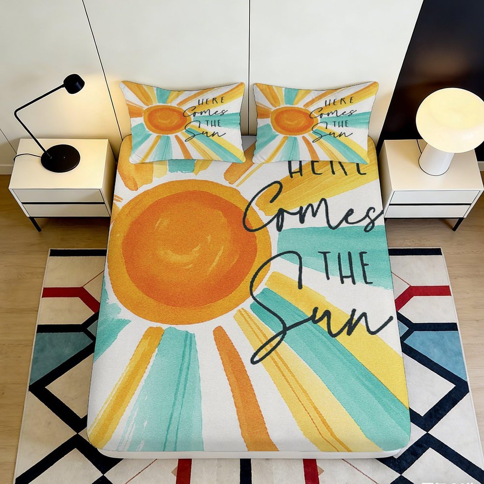 3D Printed Sun Illustration Fitted Sheet Microfiber Bright Sunshine Mattress Cover for Bedroom Dorm Decorative Protection 90x200x25cm