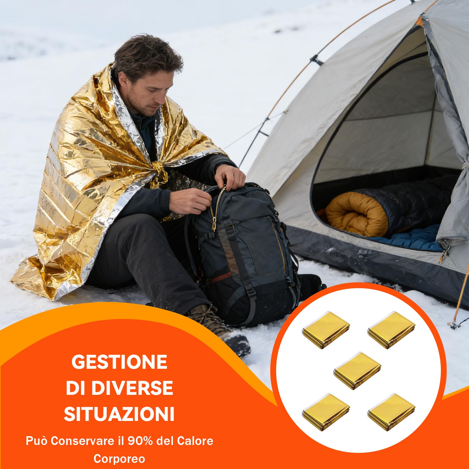 5 Pezzi Coperta Termica di Emergenza 210x160 cm – Telo Isotermico Oro/Argento, Impermeabile e Riutilizzabile per Sopravvivenza, Outdoor, Escursioni e Protezione dal Freddo e dalla Pioggia