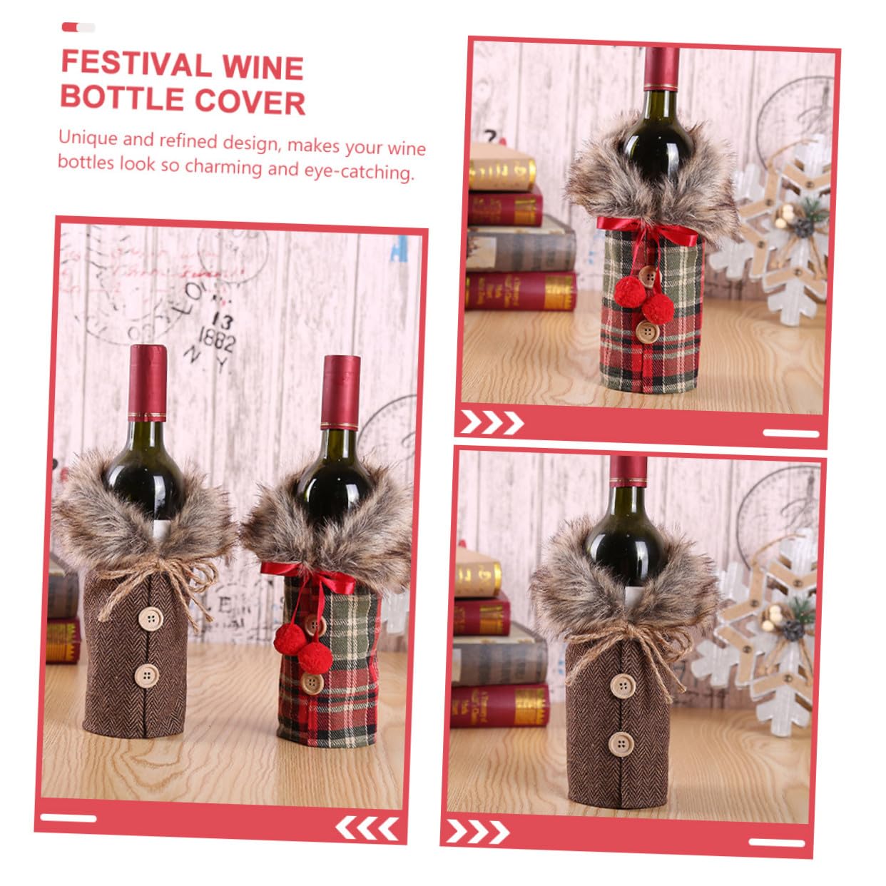 ERINGOGO 2 Pièces Housses de Bouteille Vin Noël Lot Décorations Festives Toile de Jute Carreaux Rouge pour et