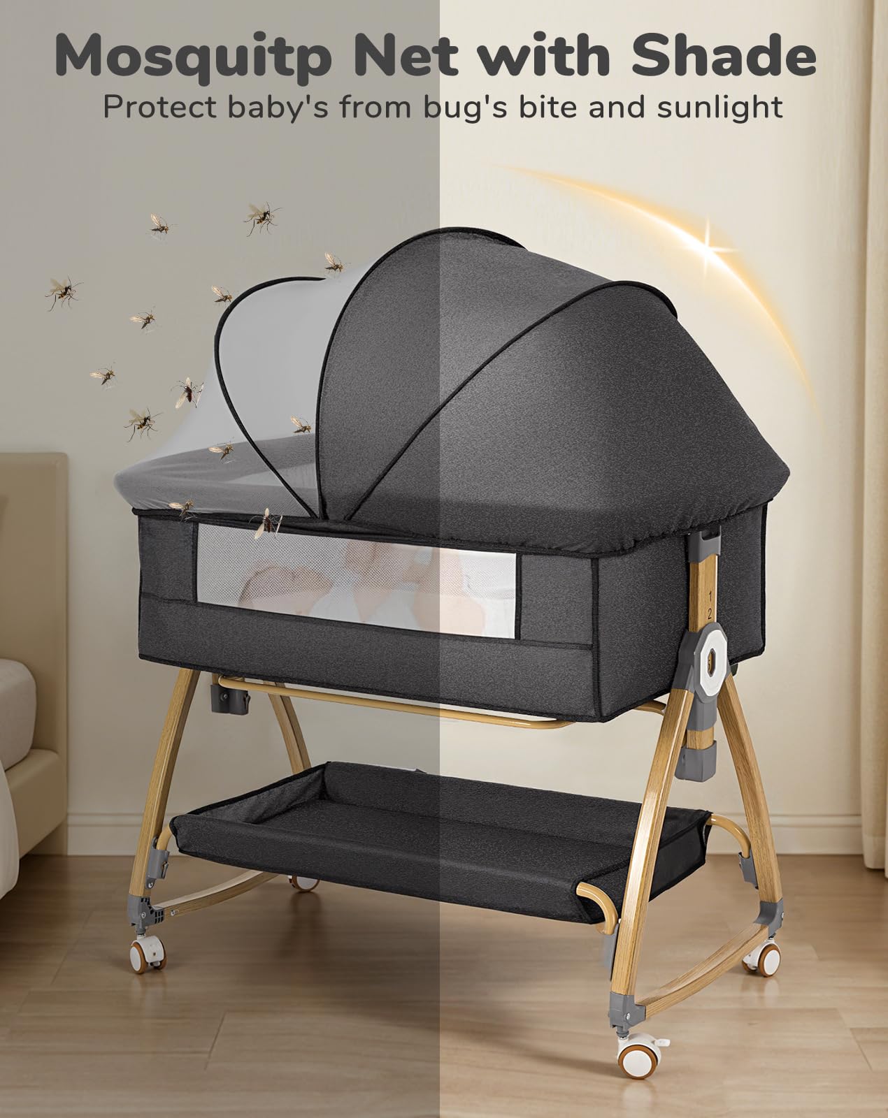 COMOMY Bassinet nocny 3 w 1 z kółkami, łóżeczko Next to Me, ciemnoszary