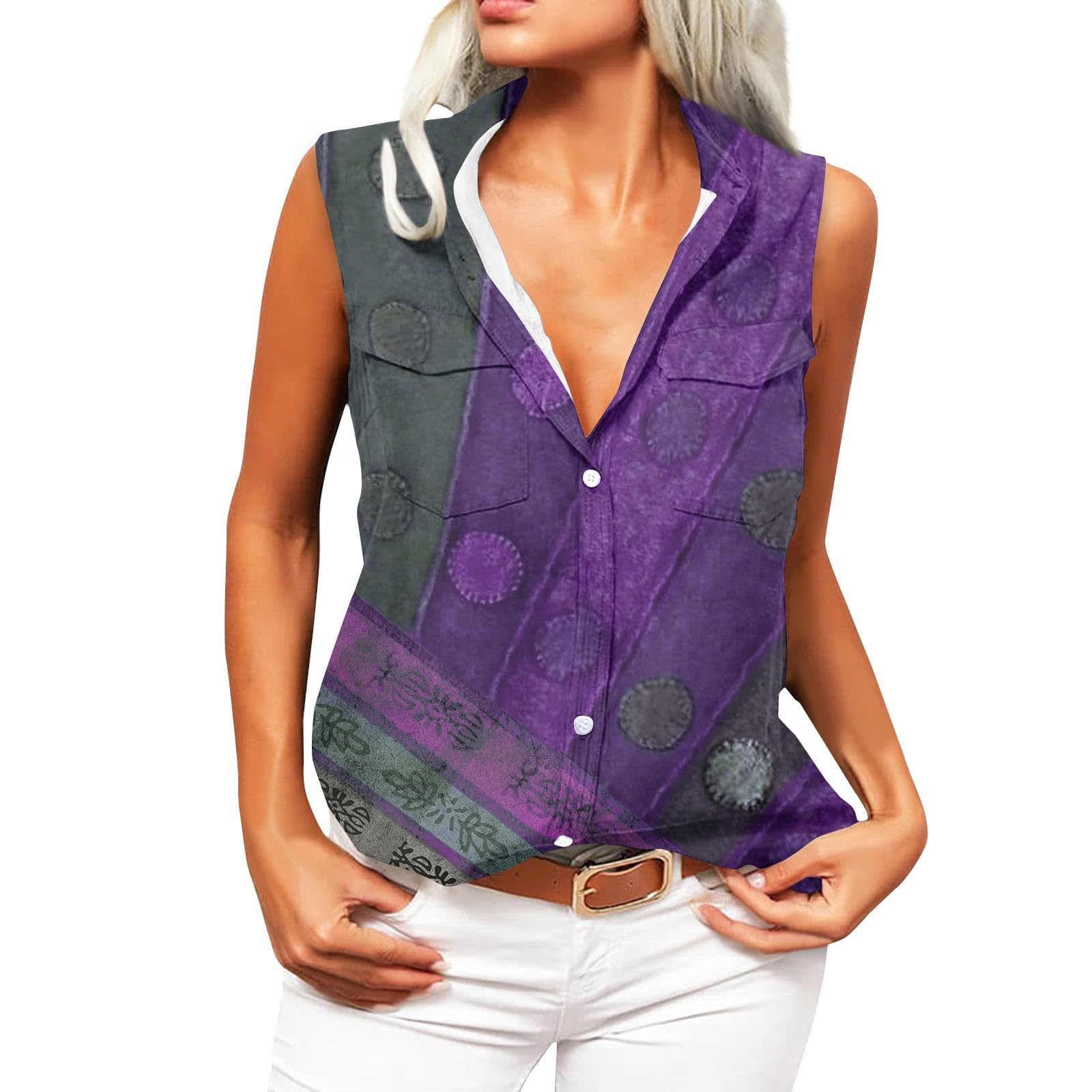 SCBFDI Ropa Elegante Mujer, Business Casual Tops para Mujeres Boho Gráfico Floral Botón Abajo Camisas Sin Mangas