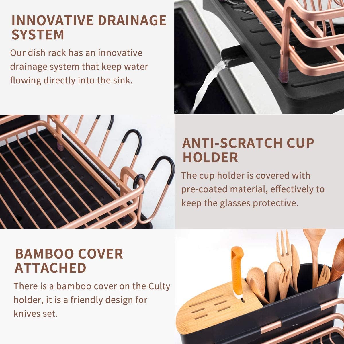 Gold Aluminum Dish Drying Rack with Utensil Cup and Swivel Spout