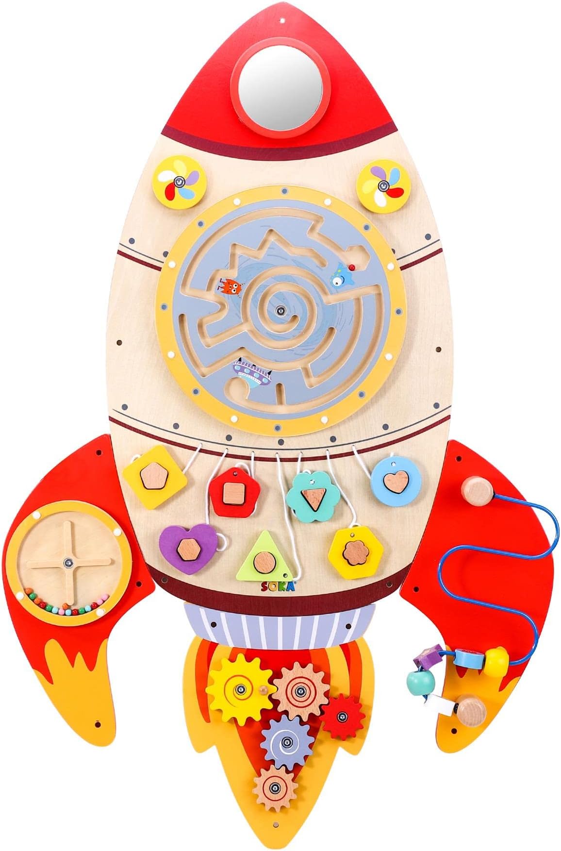 SOKA Wall Element Rocket Activity Wooden Board Fun Space Adventure Multi-Interactive Toy Shape Sorter Spinning Maze Educational Montessori for Kids Children Boy Girl Ages 3 year old +