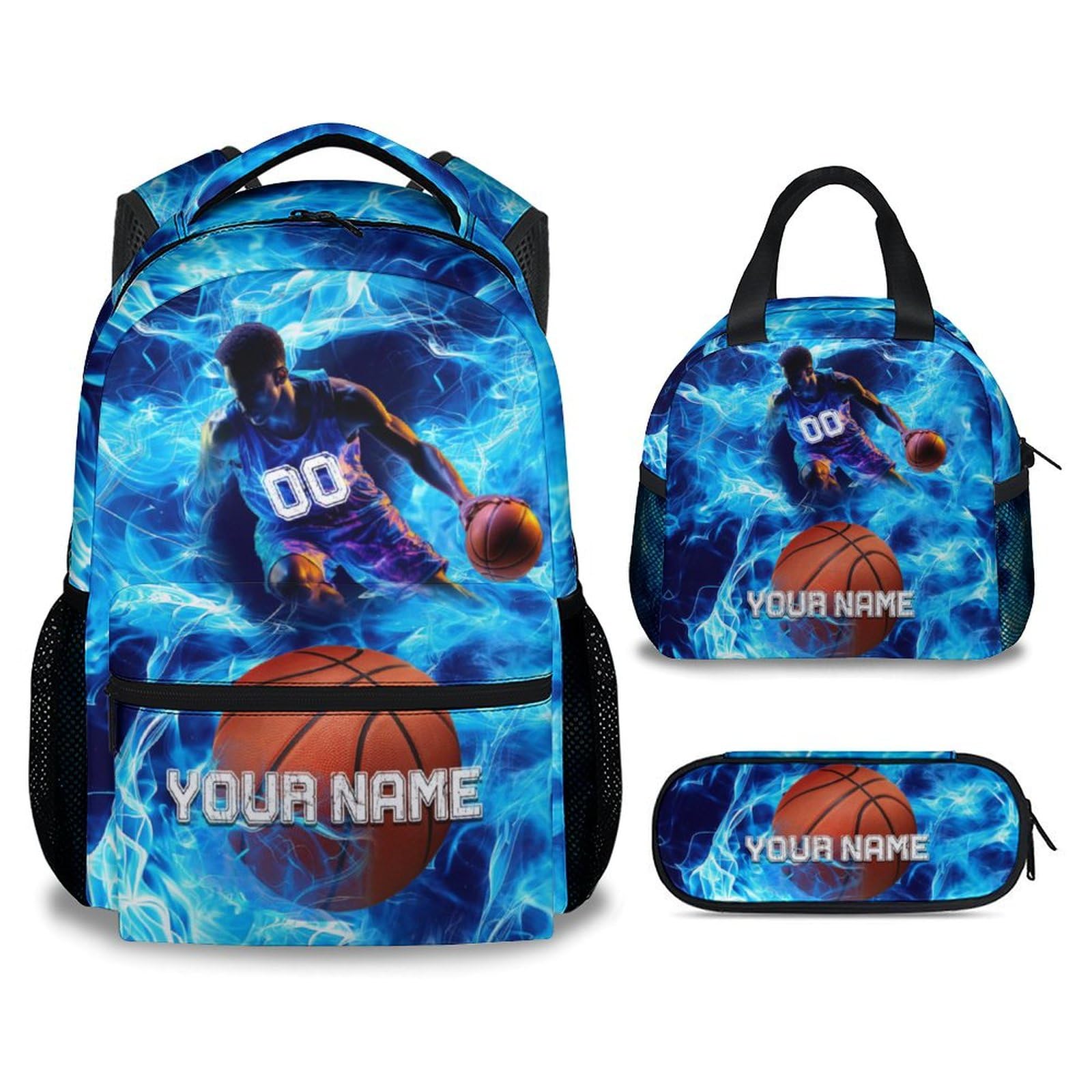 MEETUHONEY Personalized School Backpack Sets for Boys, 3PCS Basketball Backpacks with Lunch Bag and Pencil Pouch, Custom Sport Men Bookbag for Middle