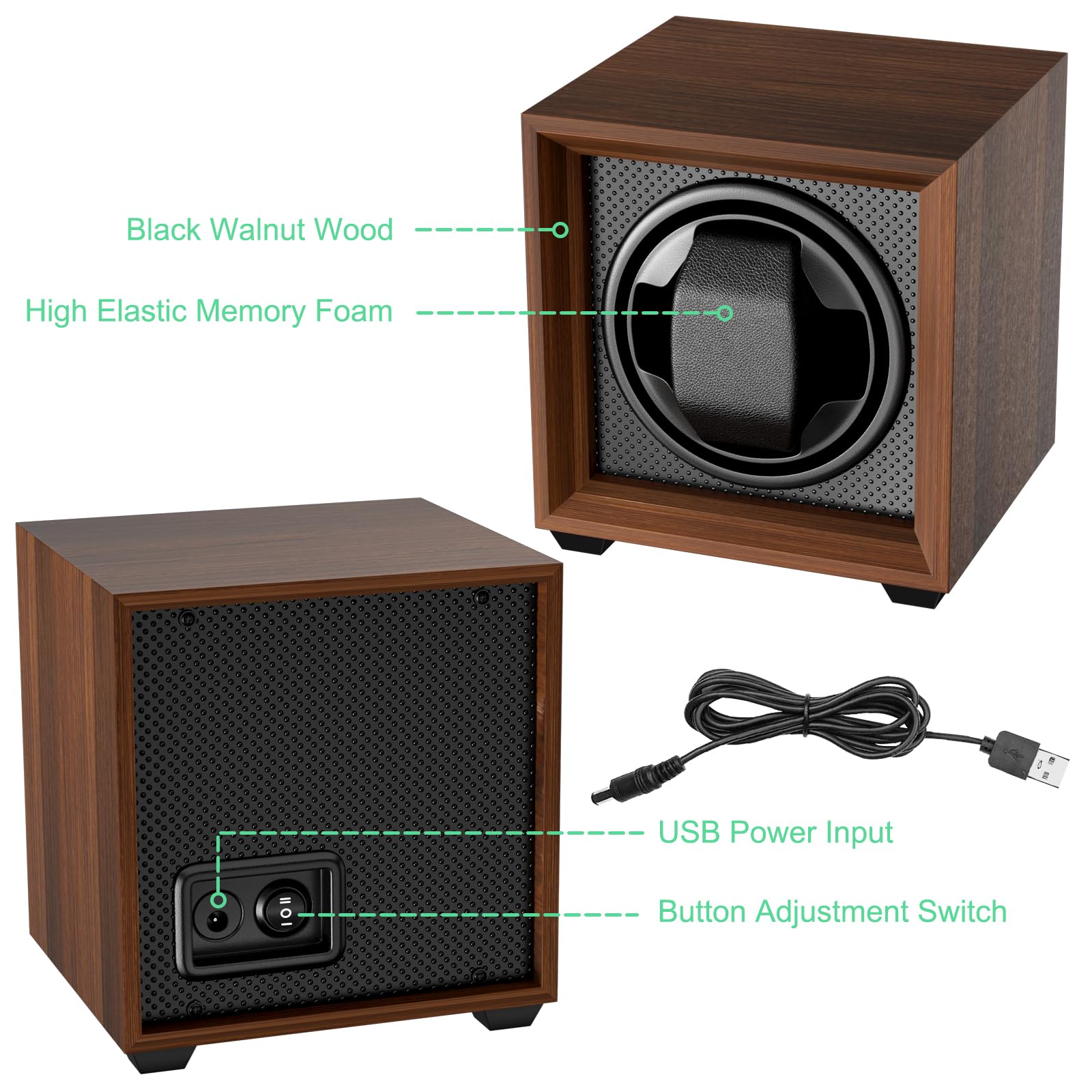 Newaner Caja para Dar Cuerda a Relojes mecánicos, automatico con Motor silencioso, 2 Ajuste Modos, Cuadrada y Color Nuez, con Puerto de Carga USB y Espuma viscoelástica
