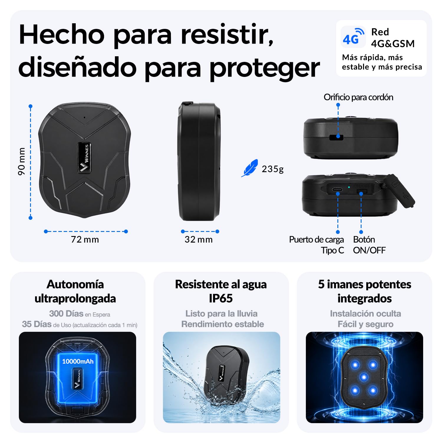 WINNES Localizador GPS para Coche 4G con Seguimiento en Tiempo Real | Batería de 10000 mAh, Imán Potente, Historial de Rutas, Alertas de Vibración y Movimiento, Geocercas, Sin Tarjeta SIM