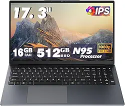 Laptop de 17 polegadas, processador de 12ª geração N95 4C 4T (3,4 GHz), 16 GB DDR4 RAM 512 GB SSD, tela 1080p, bateria grande de 10000 mAh, tipo C (dados), WiFi5, BT, RJ45, alto-falantes estéreo