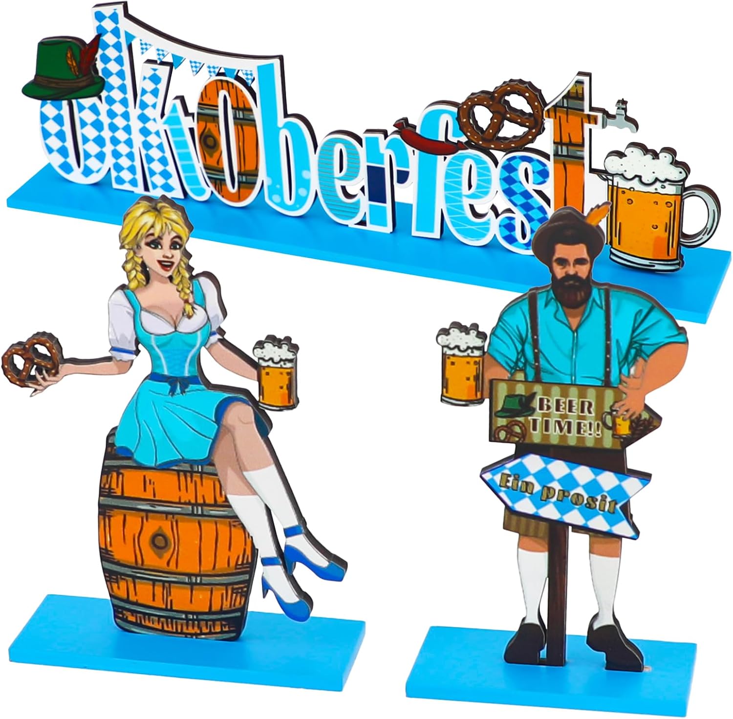 3 Oktoberfest Decorations Party Supplies, October Festival Centerpiece Table Wooden Beer Sign with Bavarian Girl Boy Flags Pretzel, German Oktoberfest Table Decorations Outdoor for Party Favors Gifts