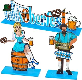 3 Oktoberfest Decorations Party Supplies, October Festival Centerpiece Table Wooden Beer Sign with Bavarian Girl Boy Flags Pretzel, German Oktoberfest Table Decorations Outdoor for Party Favors Gifts