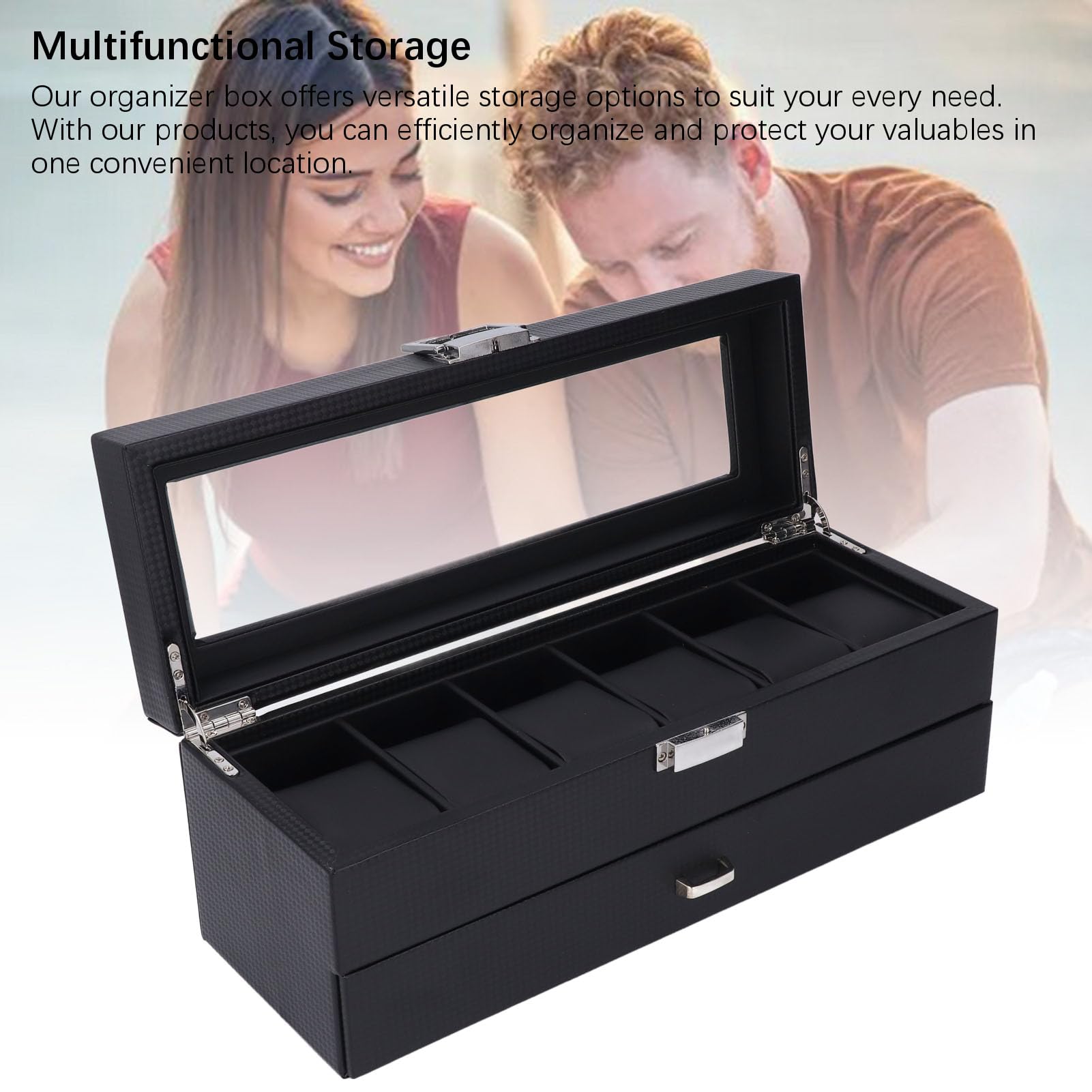 Vitrina de Reloj de 6 Ranuras con Cajón y Tapa de Vidrio Templado para Almacenamiento Organizado de Accesorios, Elegante Acabado de Cuero PU, Perfecto para el Hogar o Regalo