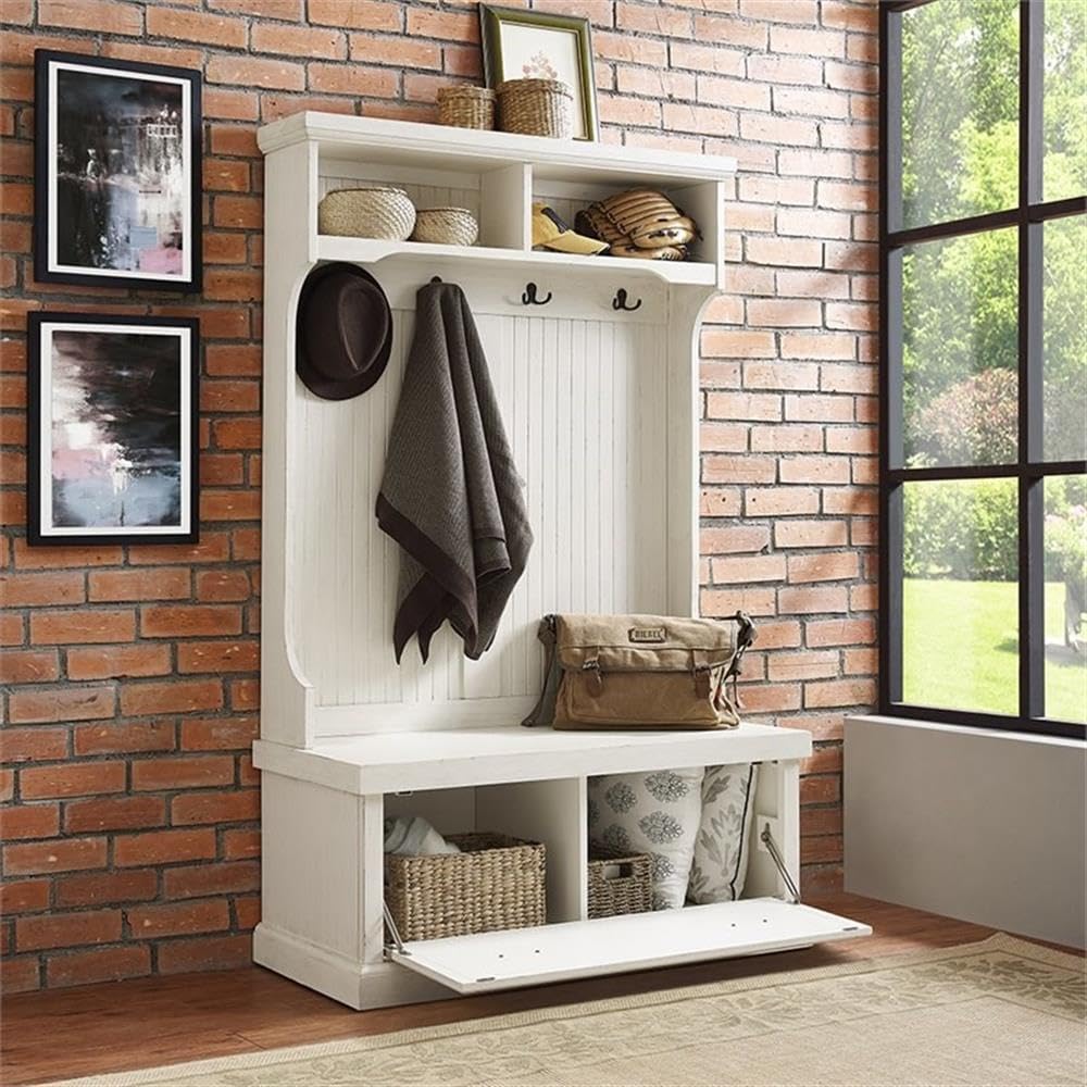 BOWERY HILL Coastal Wood Hall Tree, 64.5" H x 40" W x 18.5" D, Distressed White Finish, Solid Poplar and Veneer, Bench Seat with Storage, Hooks and Shelves, Beadboard Paneling Indoor Entryway