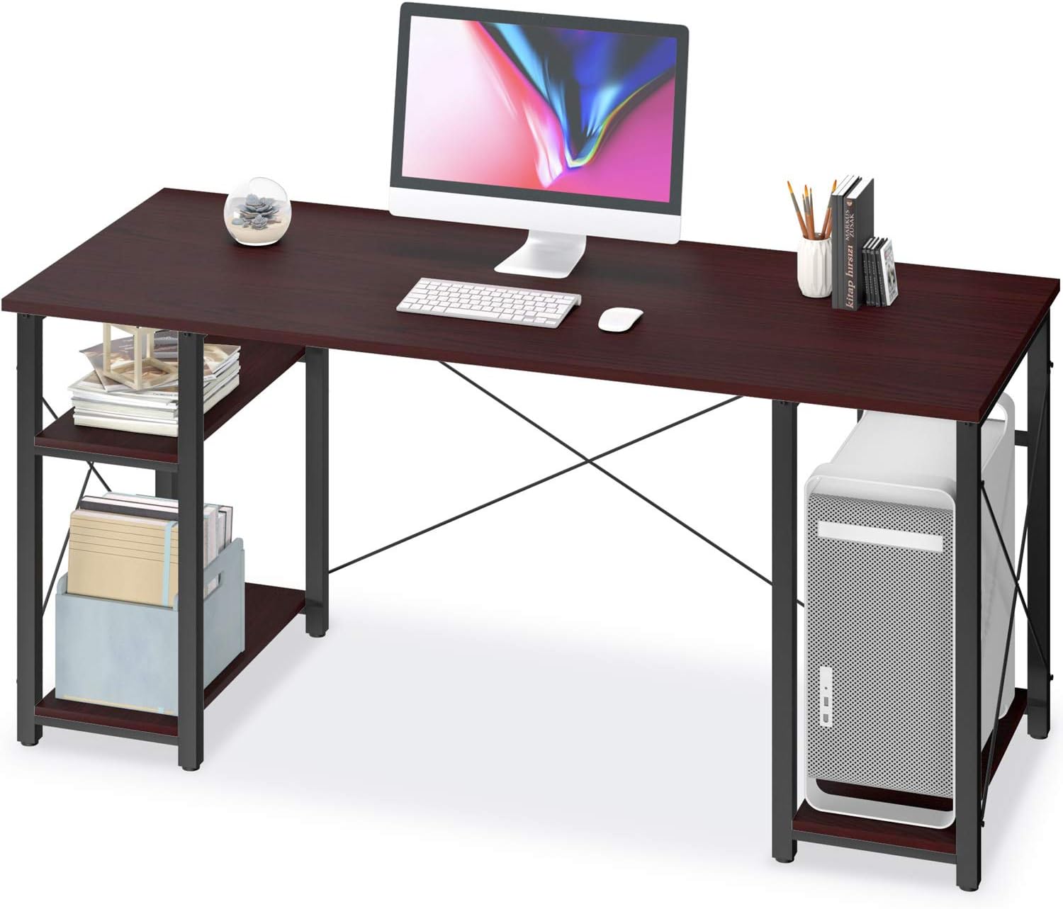 Computer Desk with Shelves,60" Modern Sturdy Writing Desk for Home Office,Office Desk with 3 Storage Shelves,African Walnut