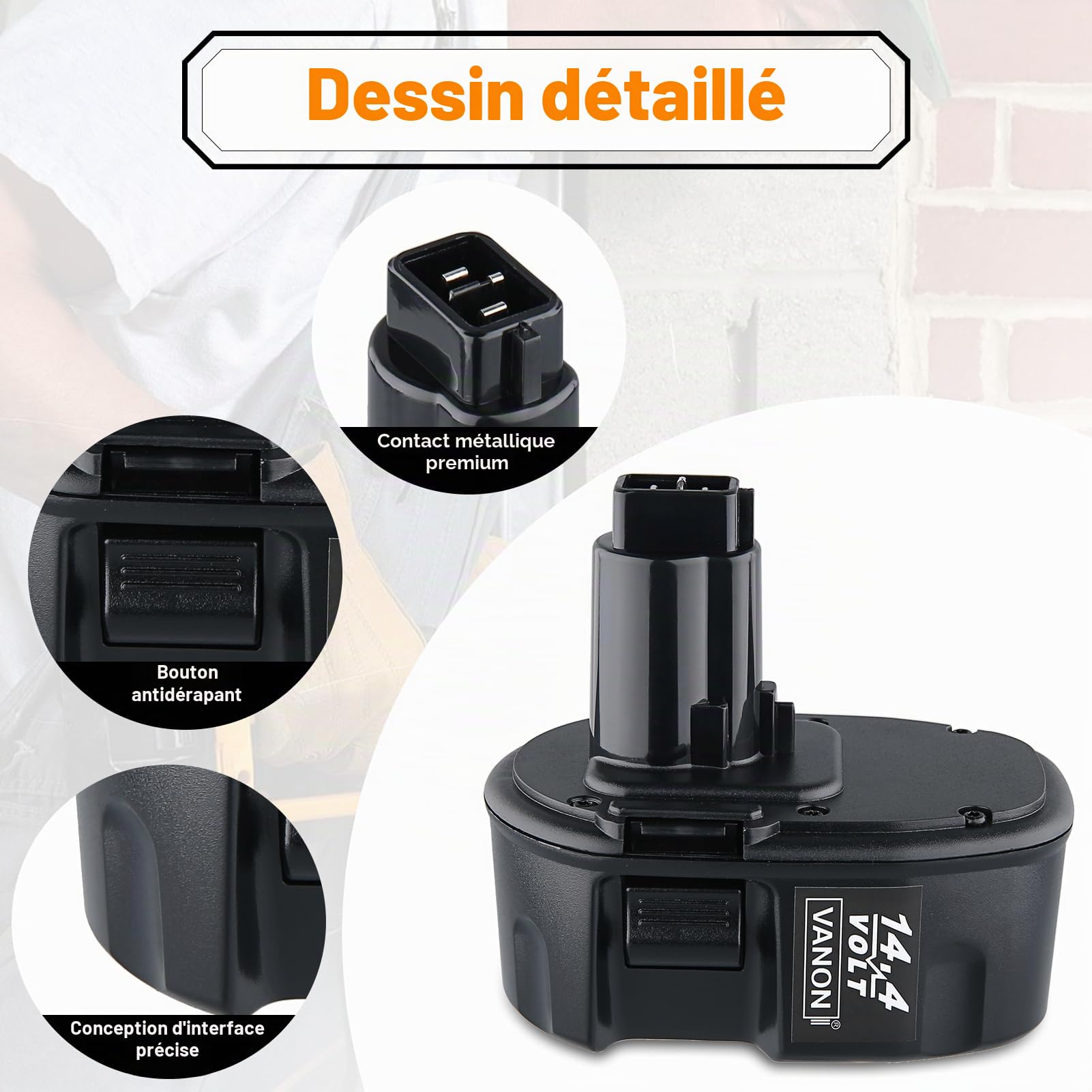 VANON 14,4 V 4800 mAh NIMH DC9091 Batterie de rechange pour Dewalt DE9091 DE9094 DW9091 DW9092 DW9094 DW9038 DE9031 DE9502 DE9038 DE9087 DE9092 DE9144 0 Compatible avec DD. Batterie ewalt 14,4 V