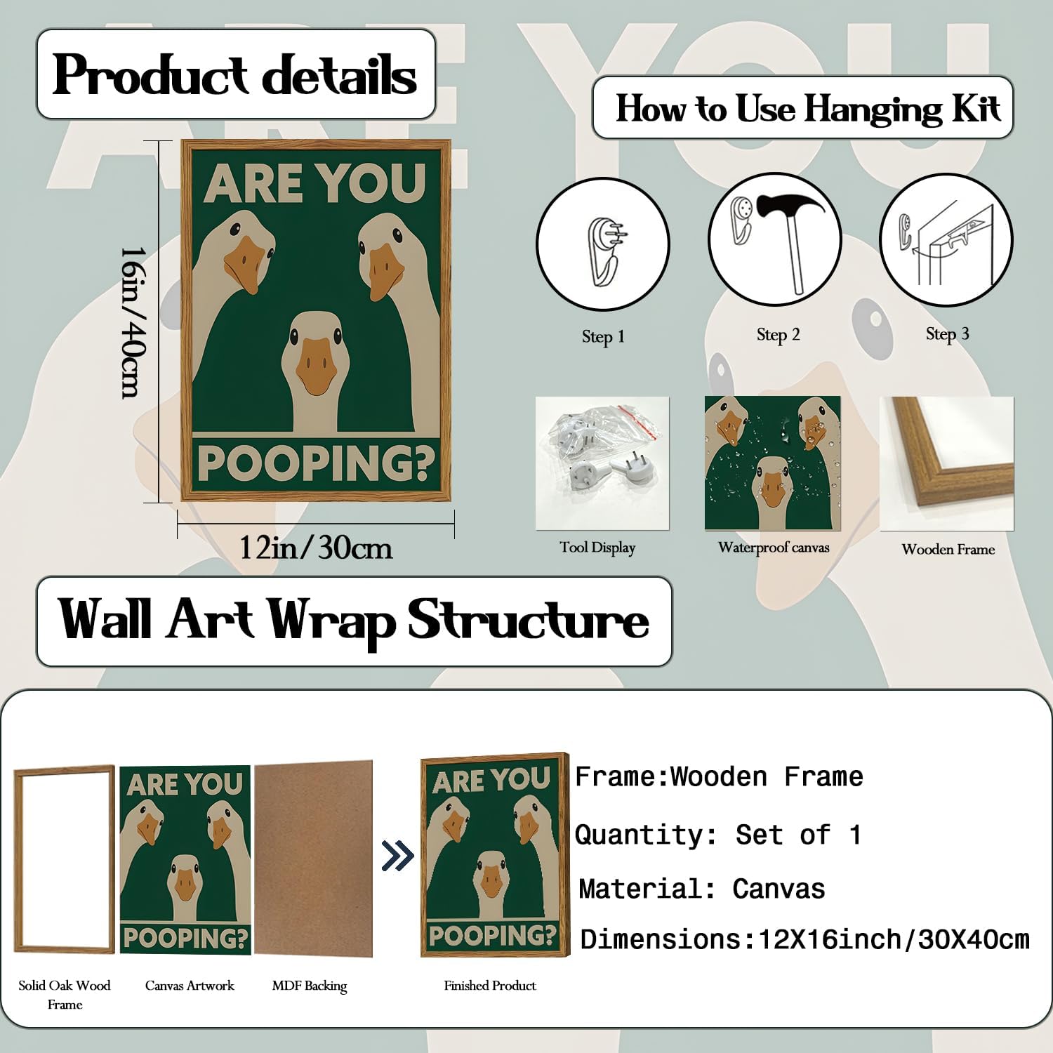 Framed Funny Goose Bathroom Wall Art, Are You Pooping Sign Pictures Wall Decor, Cute Farmhouse Animal Paintings Canvas Prints Humorous Home Decor for Restroom Toilet 12x16 inch