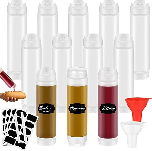 Sabary 12 botellas exprimibles de condimentos de 16 onzas, botella de plástico invertido para salsas, válvula grande recargable, dispensador sin
